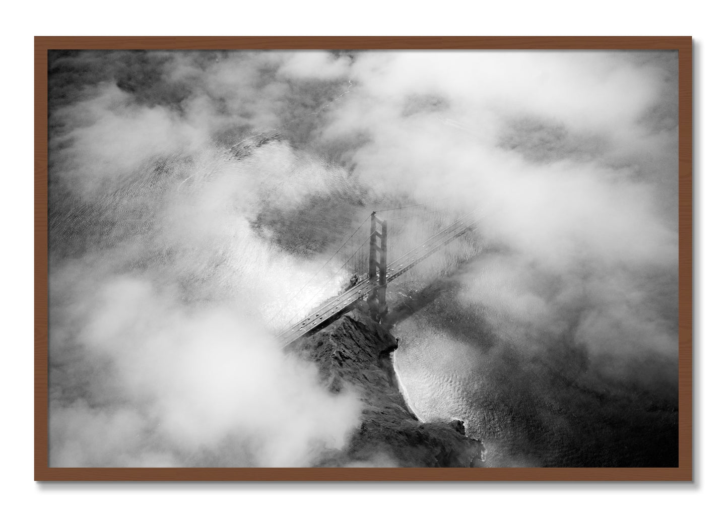 Framed photograph of Golden Gate Fog by Dylan Ozanich, Walnut frame, Full Bleed