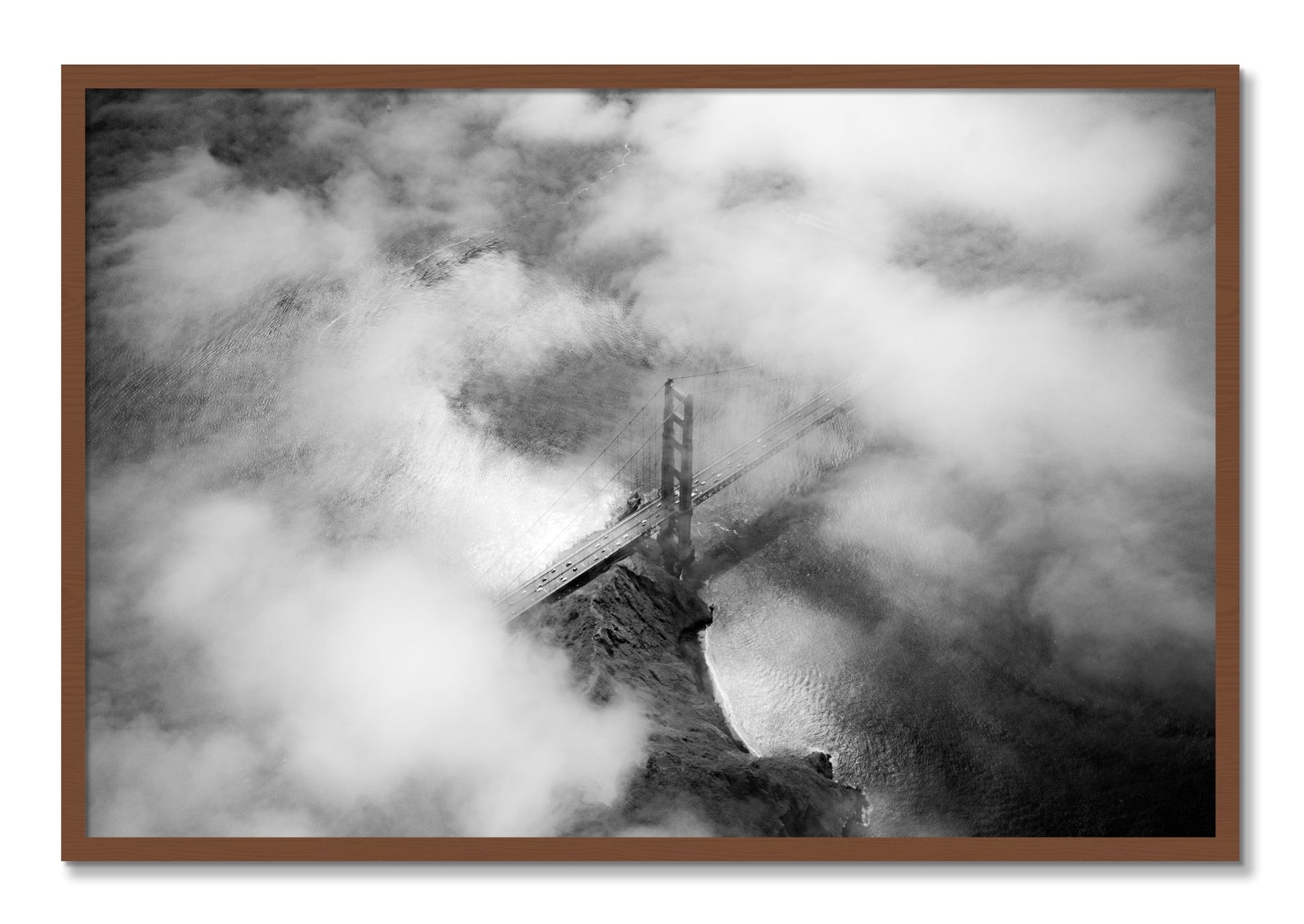Framed photograph of Golden Gate Fog by Dylan Ozanich, Walnut frame, Full Bleed