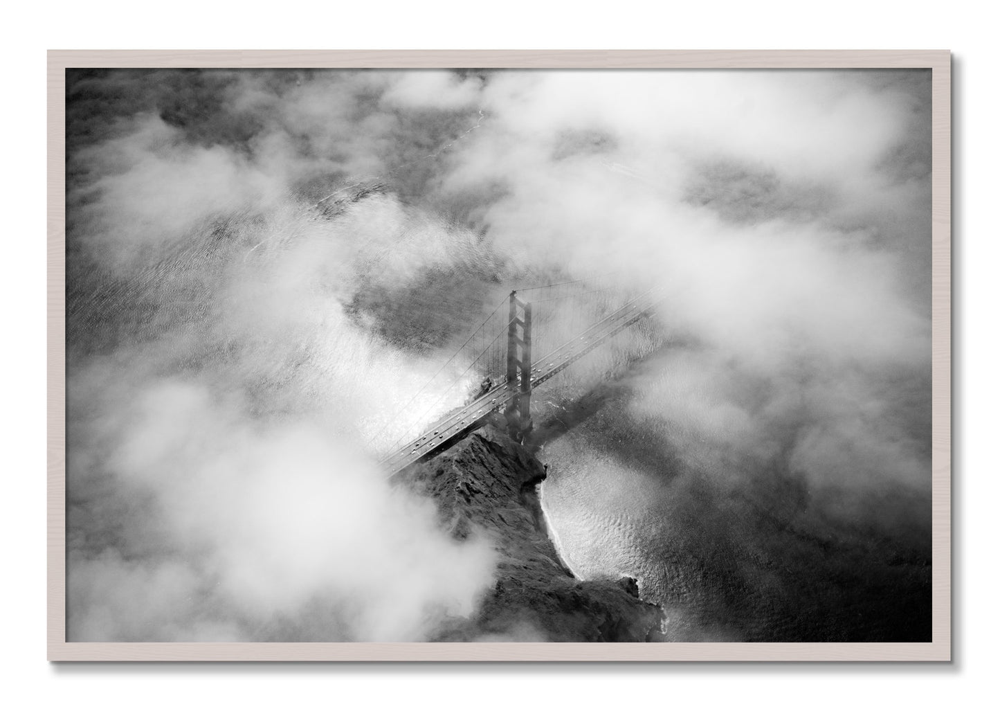 Framed photograph of Golden Gate Fog by Dylan Ozanich, White Maple frame, Full Bleed