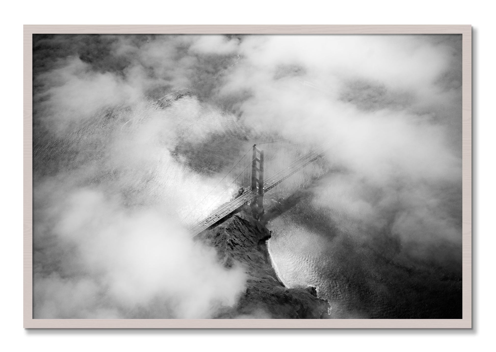 Framed photograph of Golden Gate Fog by Dylan Ozanich, White Maple frame, Full Bleed