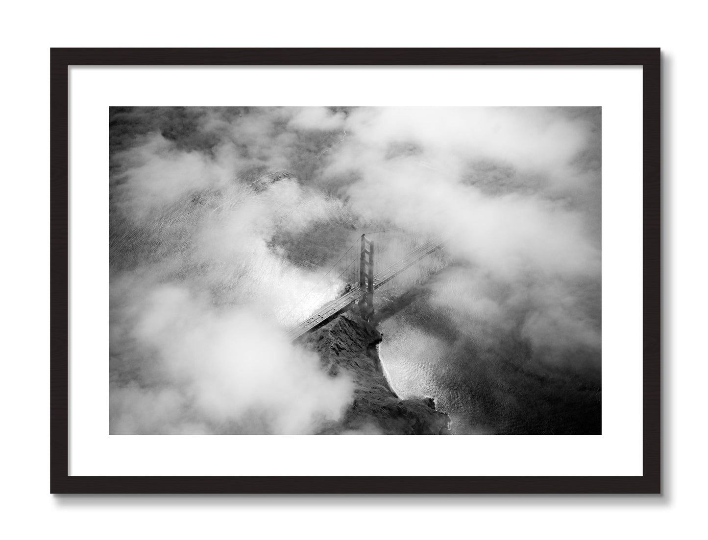 Framed photograph of Golden Gate Fog by Dylan Ozanich, Black Walnut frame, Borders