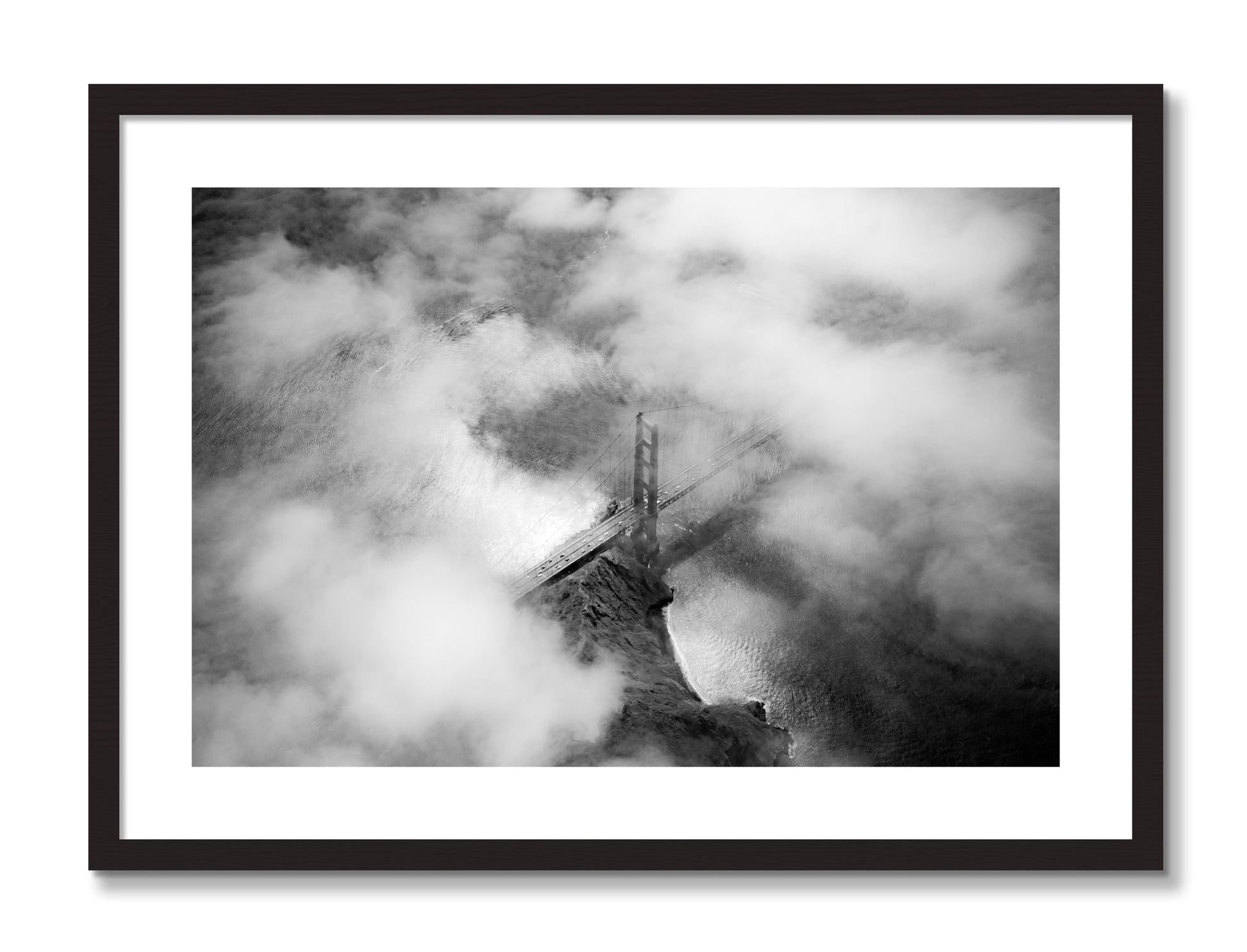 Framed photograph of Golden Gate Fog by Dylan Ozanich, Black Walnut frame, Borders