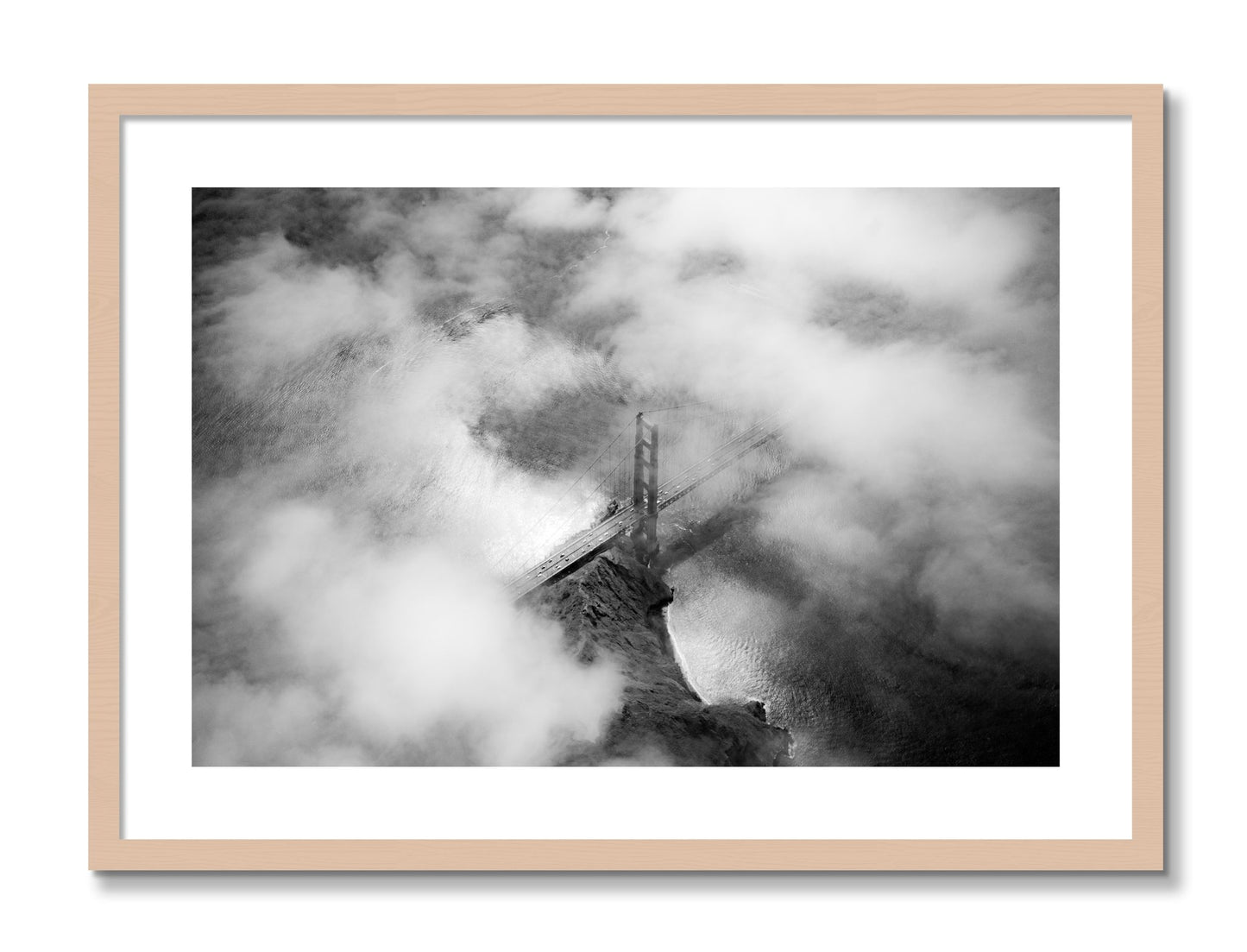Framed photograph of Golden Gate Fog by Dylan Ozanich, Maple frame, Borders