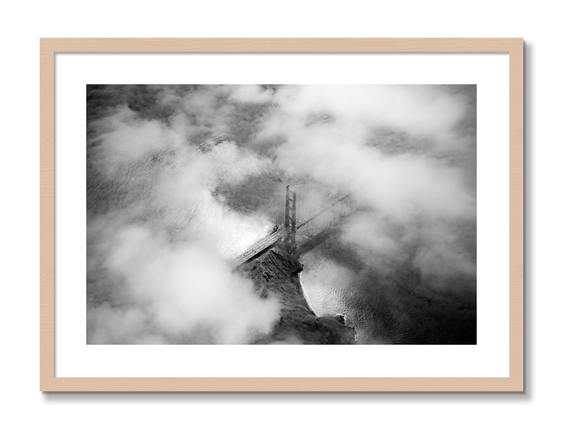 Framed photograph of Golden Gate Fog by Dylan Ozanich, Maple frame, Borders