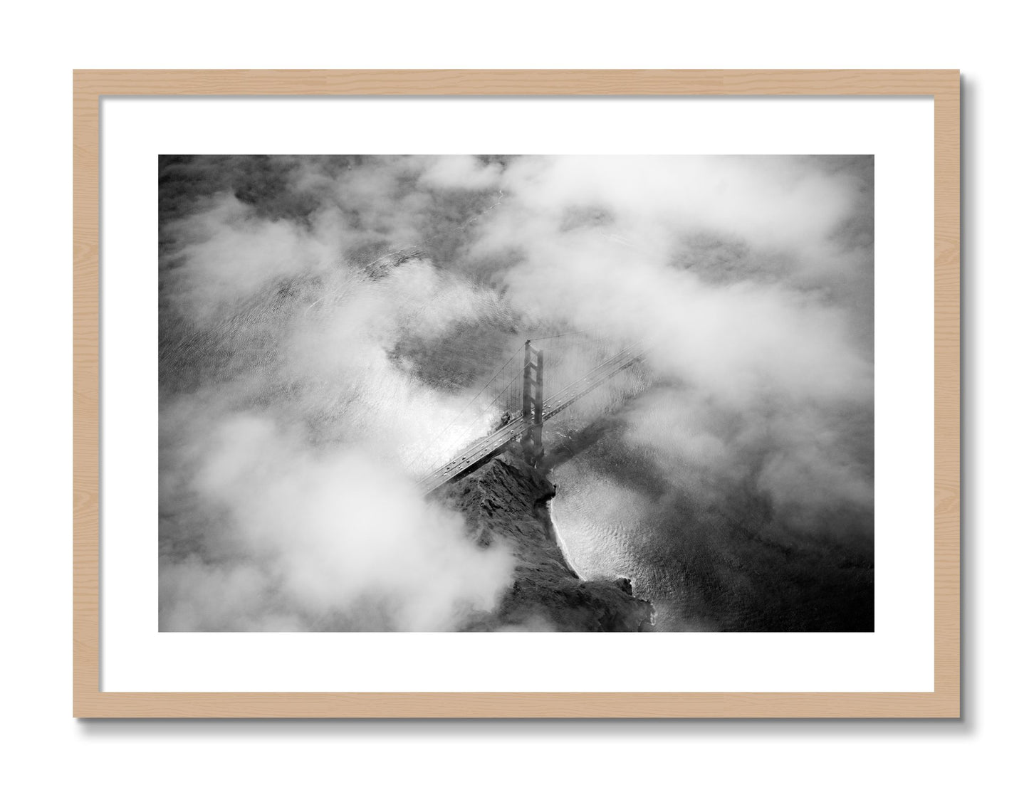 Framed photograph of Golden Gate Fog by Dylan Ozanich, Oak frame, Borders