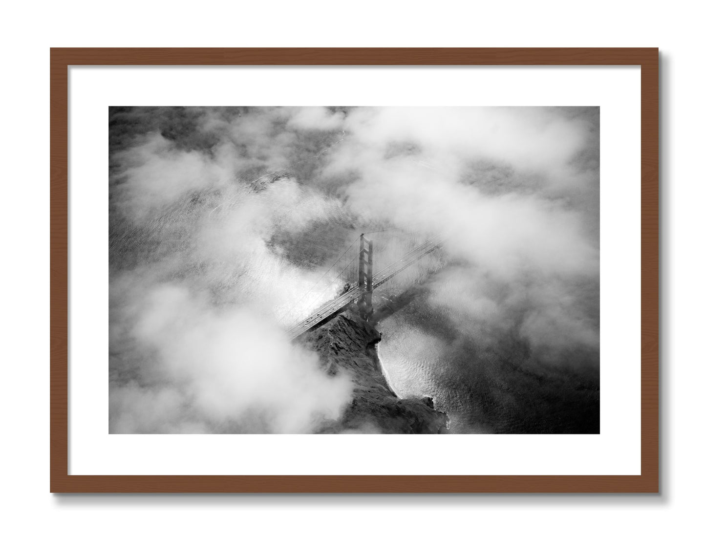 Framed photograph of Golden Gate Fog by Dylan Ozanich, Walnut frame, Borders