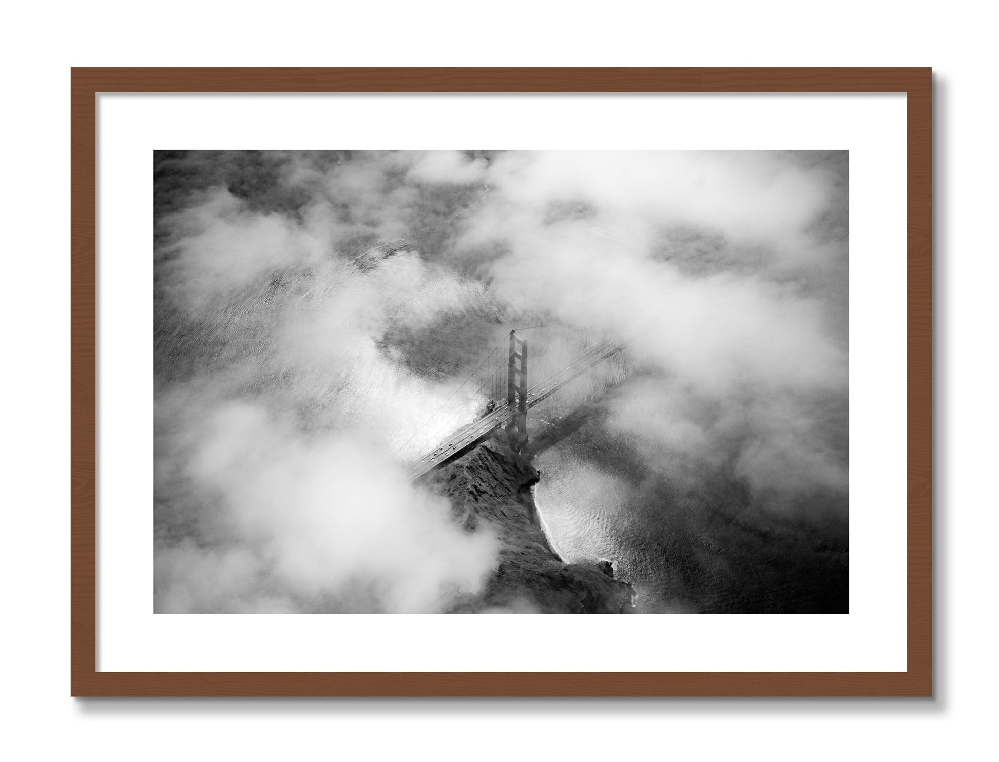 Framed photograph of Golden Gate Fog by Dylan Ozanich, Walnut frame, Borders