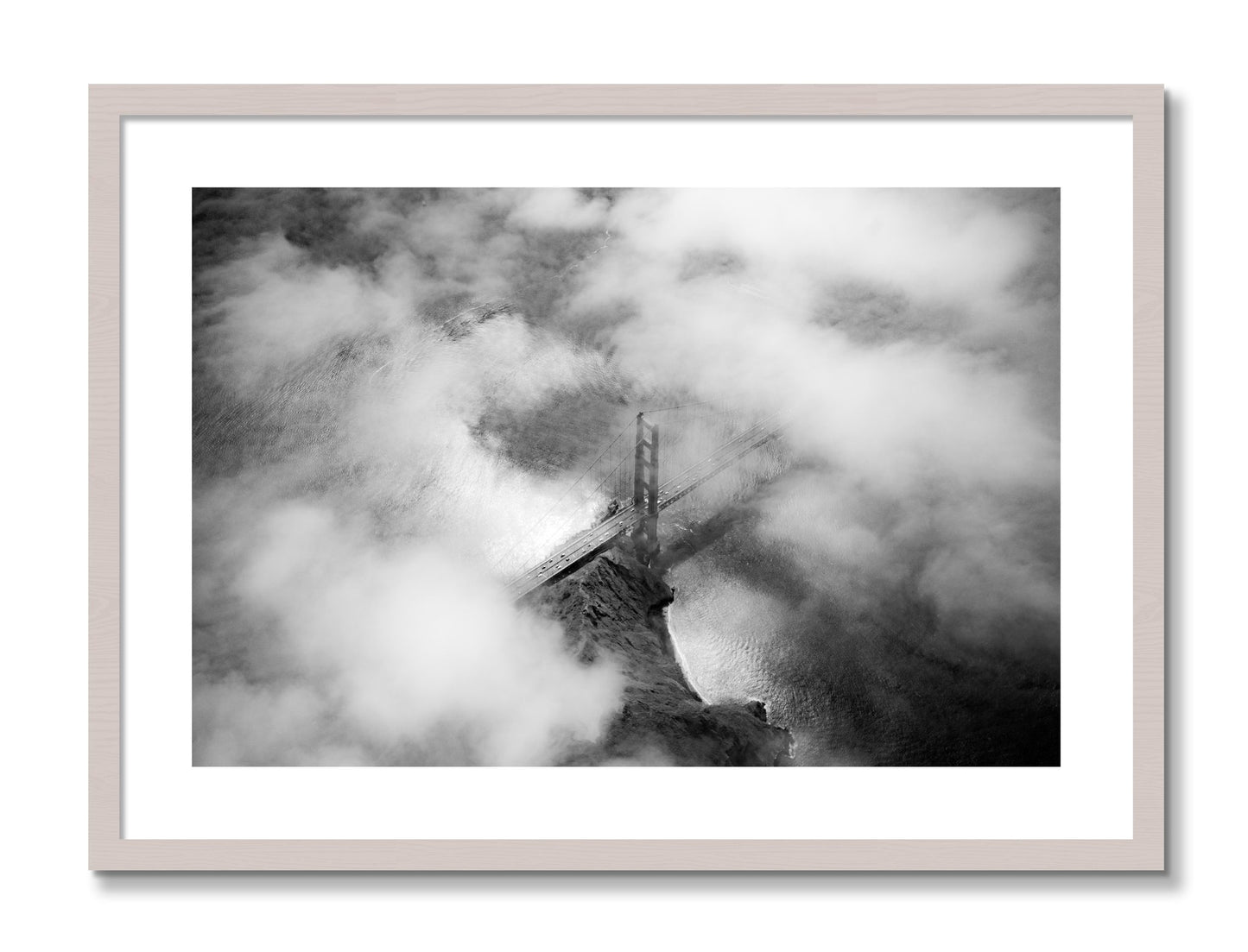 Framed photograph of Golden Gate Fog by Dylan Ozanich, White Maple frame, Borders