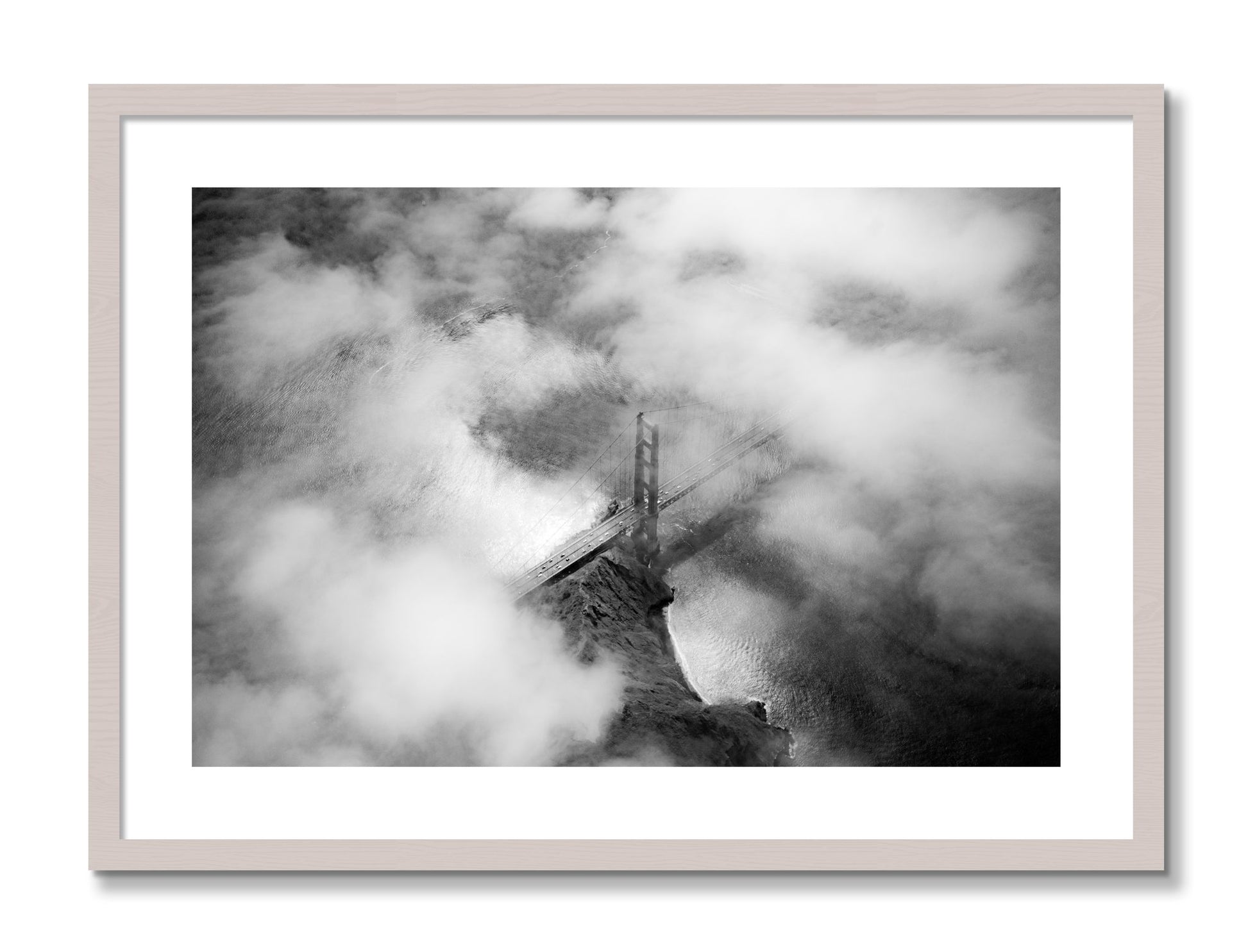 Framed photograph of Golden Gate Fog by Dylan Ozanich, White Maple frame, Borders