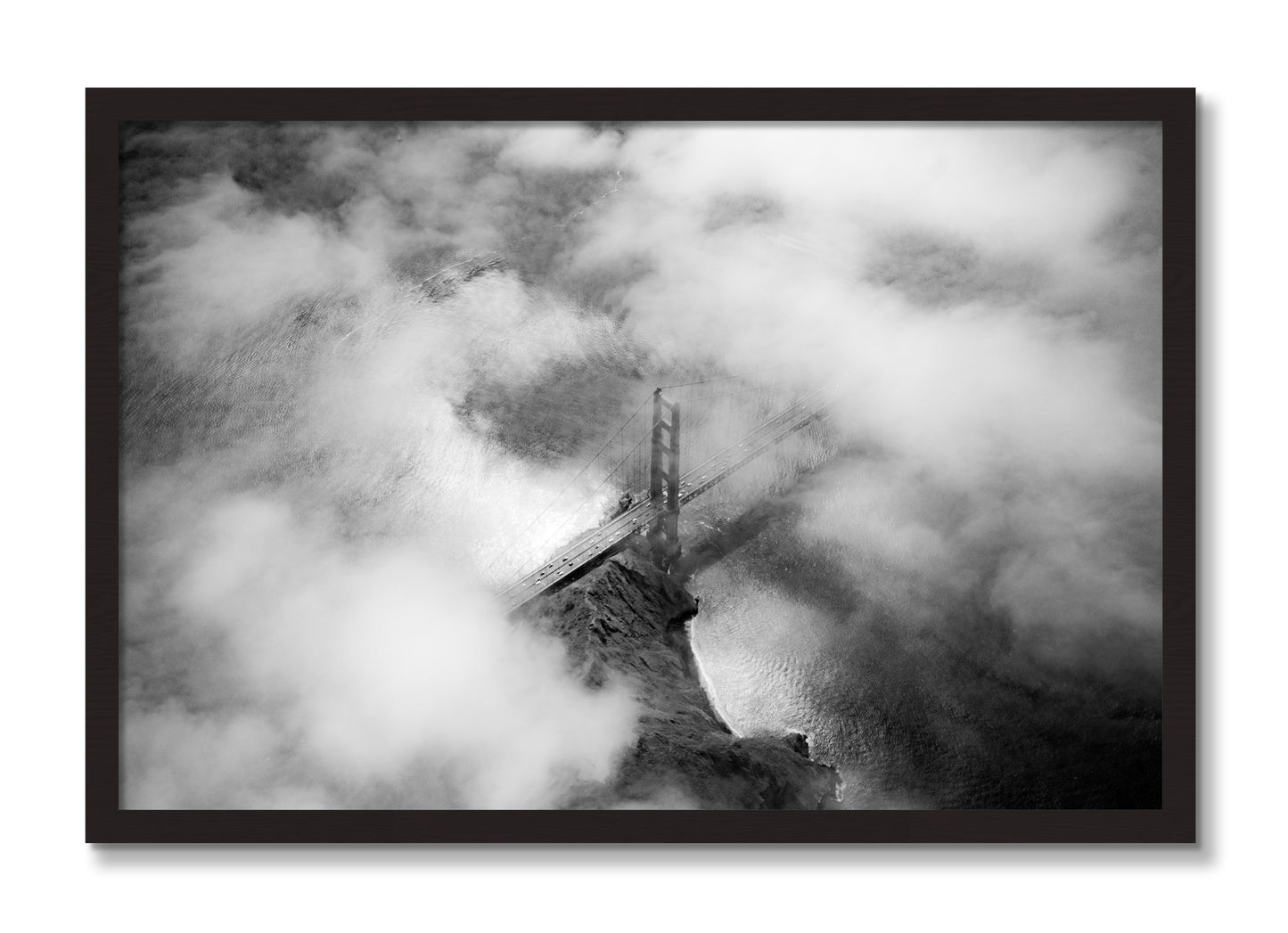 Framed photograph of Golden Gate Fog by Dylan Ozanich, Black Walnut frame, Full Bleed