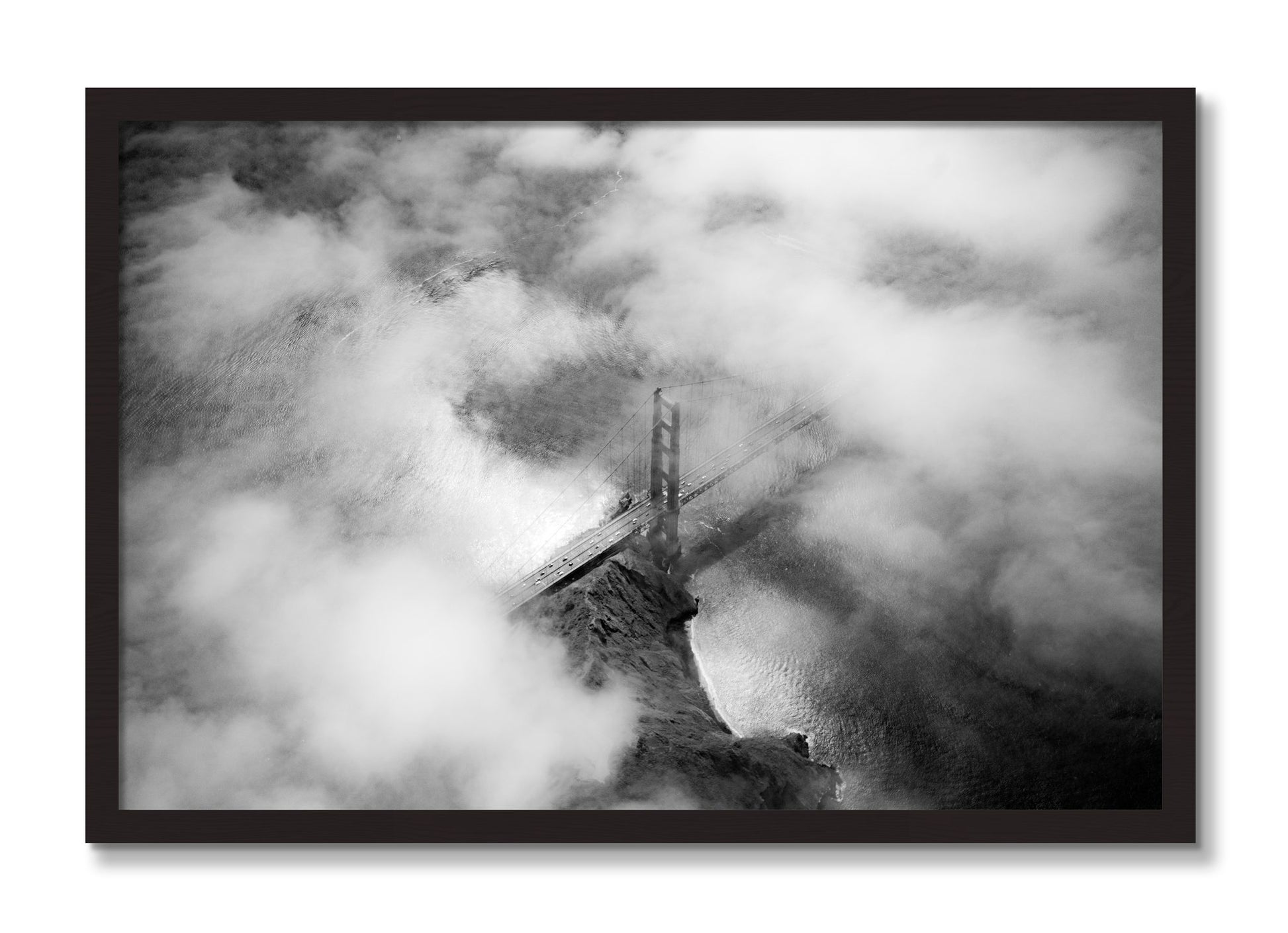 Framed photograph of Golden Gate Fog by Dylan Ozanich, Black Walnut frame, Full Bleed