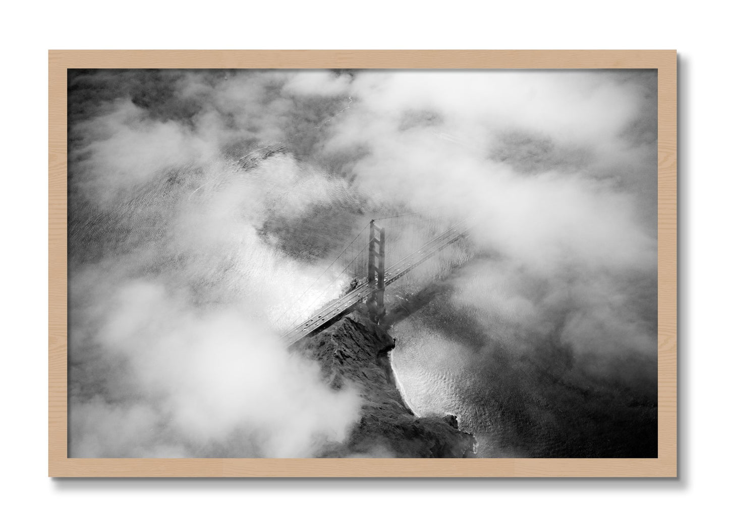 Framed photograph of Golden Gate Fog by Dylan Ozanich, Oak frame, Full Bleed