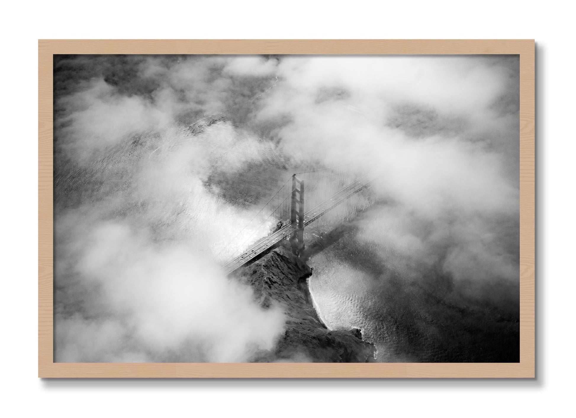 Framed photograph of Golden Gate Fog by Dylan Ozanich, Oak frame, Full Bleed