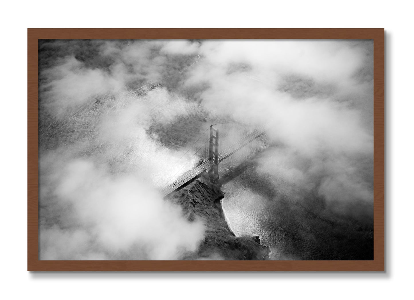 Framed photograph of Golden Gate Fog by Dylan Ozanich, Walnut frame, Full Bleed
