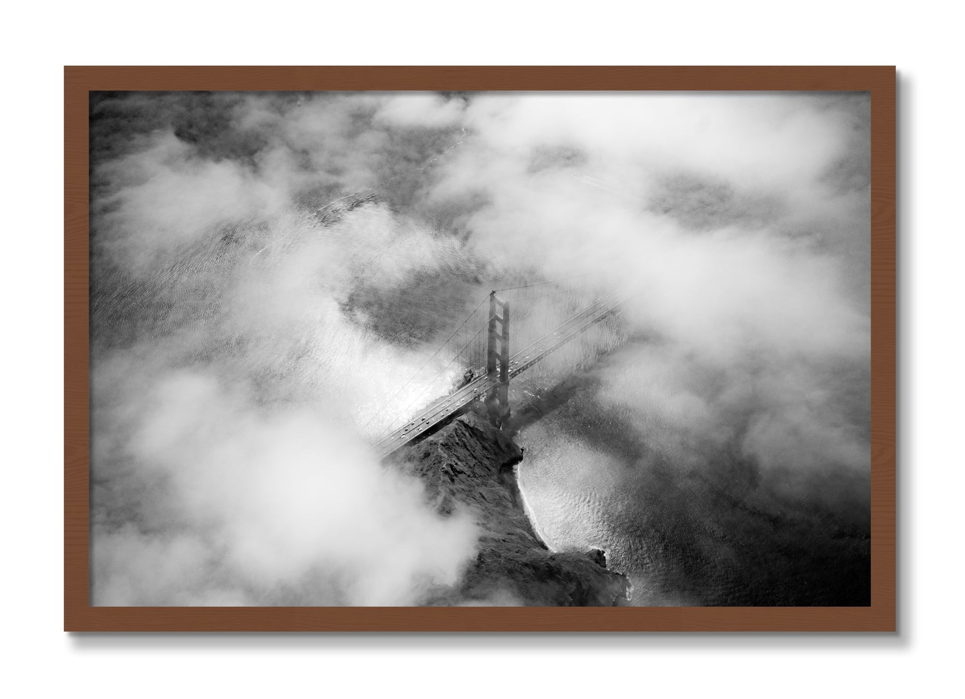 Framed photograph of Golden Gate Fog by Dylan Ozanich, Walnut frame, Full Bleed