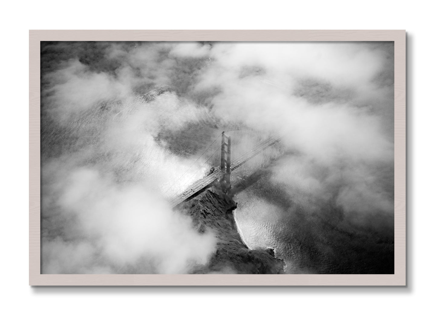 Framed photograph of Golden Gate Fog by Dylan Ozanich, White Maple frame, Full Bleed