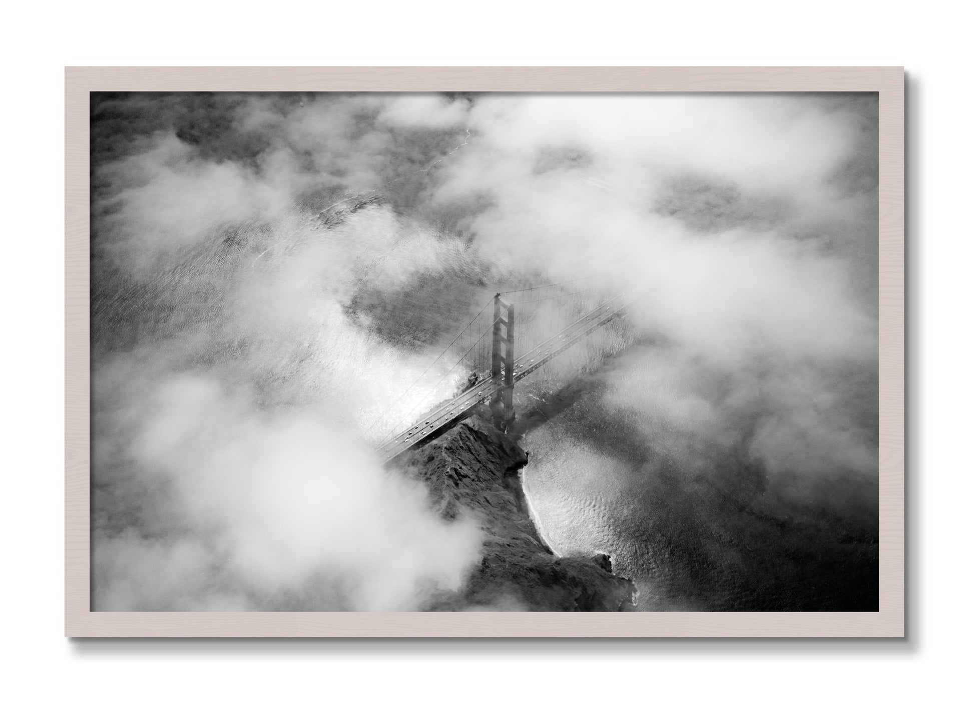 Framed photograph of Golden Gate Fog by Dylan Ozanich, White Maple frame, Full Bleed