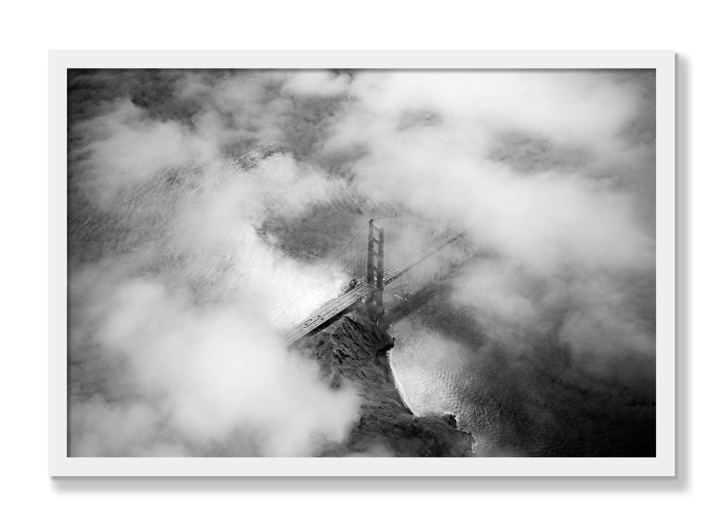 Framed photograph of Golden Gate Fog by Dylan Ozanich, White frame, Full Bleed