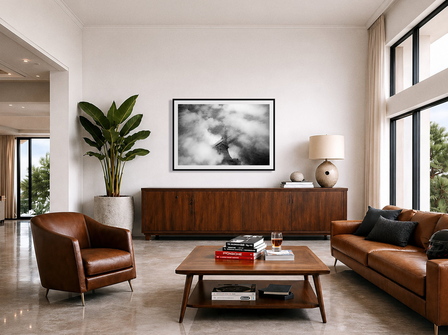 Framed photograph of Golden Gate Fog by Dylan Ozanich displayed on a wall