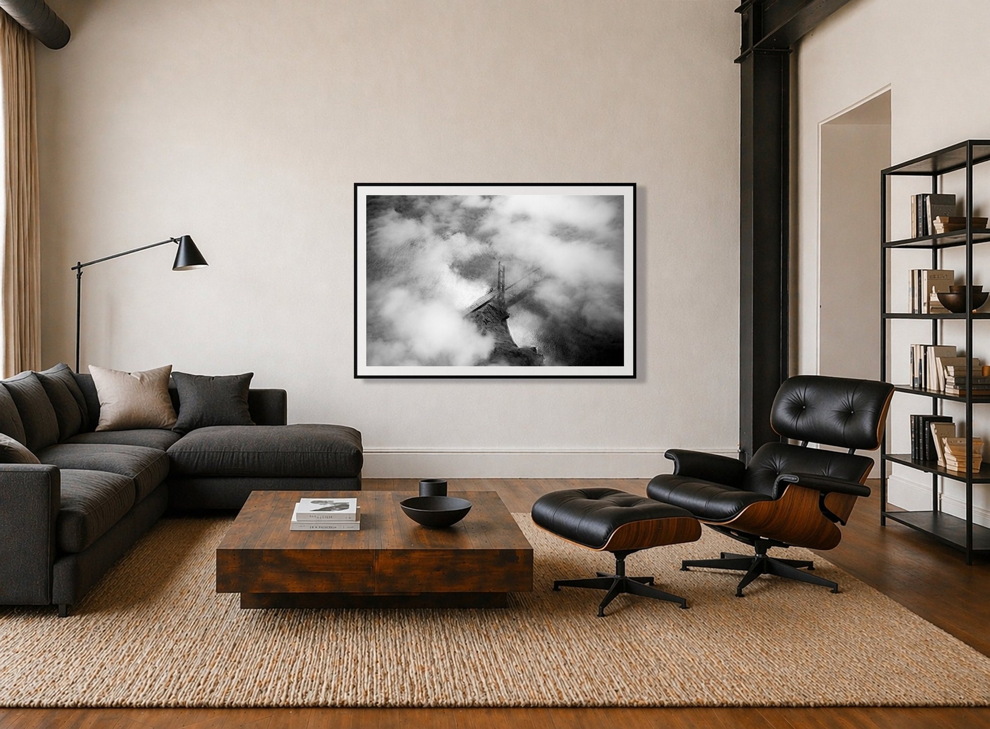 Framed photograph of Golden Gate Fog by Dylan Ozanich displayed on a wall