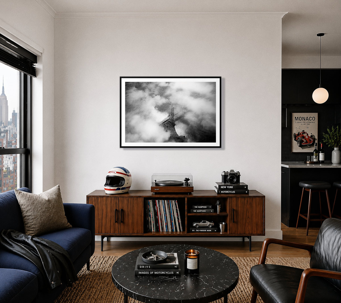 Golden Gate Fog by Dylan Ozanich in a Black frame, above a record console in a city apartment with a turntable and vintage helmet