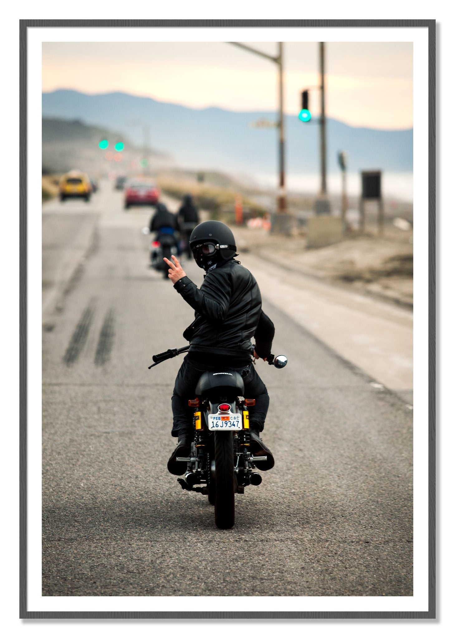Great Highway Riding by Dylan Ozanich, 48×72 print with a White Border in a Grey frame