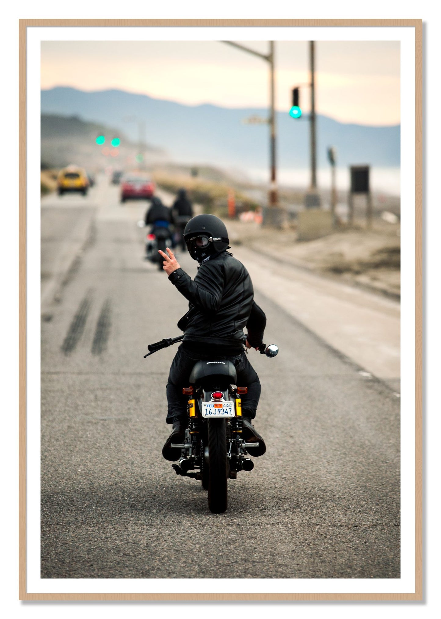 Great Highway Riding by Dylan Ozanich, 48×72 print with a White Border in an Oak frame