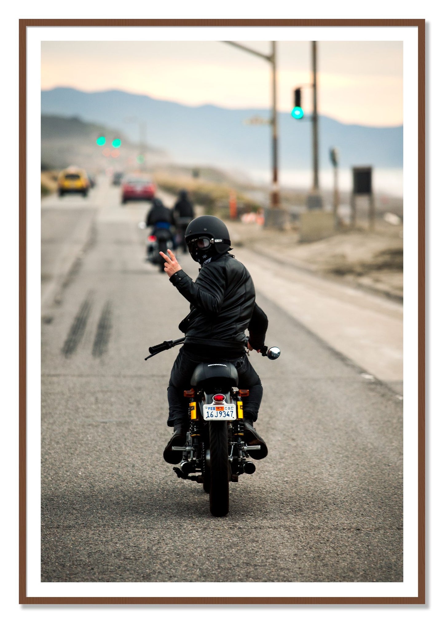 Great Highway Riding by Dylan Ozanich, 48×72 print with a White Border in a Walnut frame
