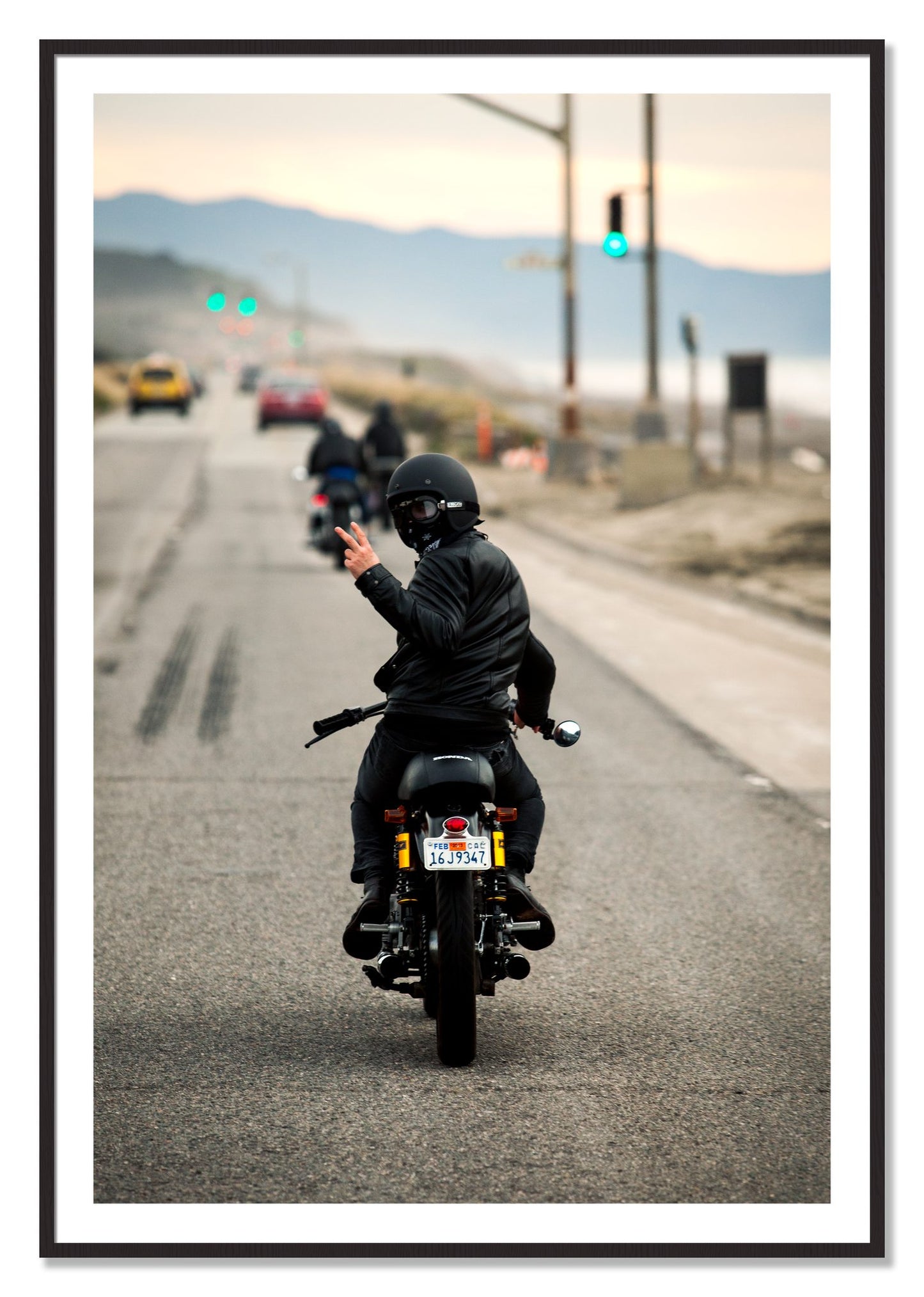 Framed photograph of Great Highway Riding by Dylan Ozanich, Black Walnut frame, Borders