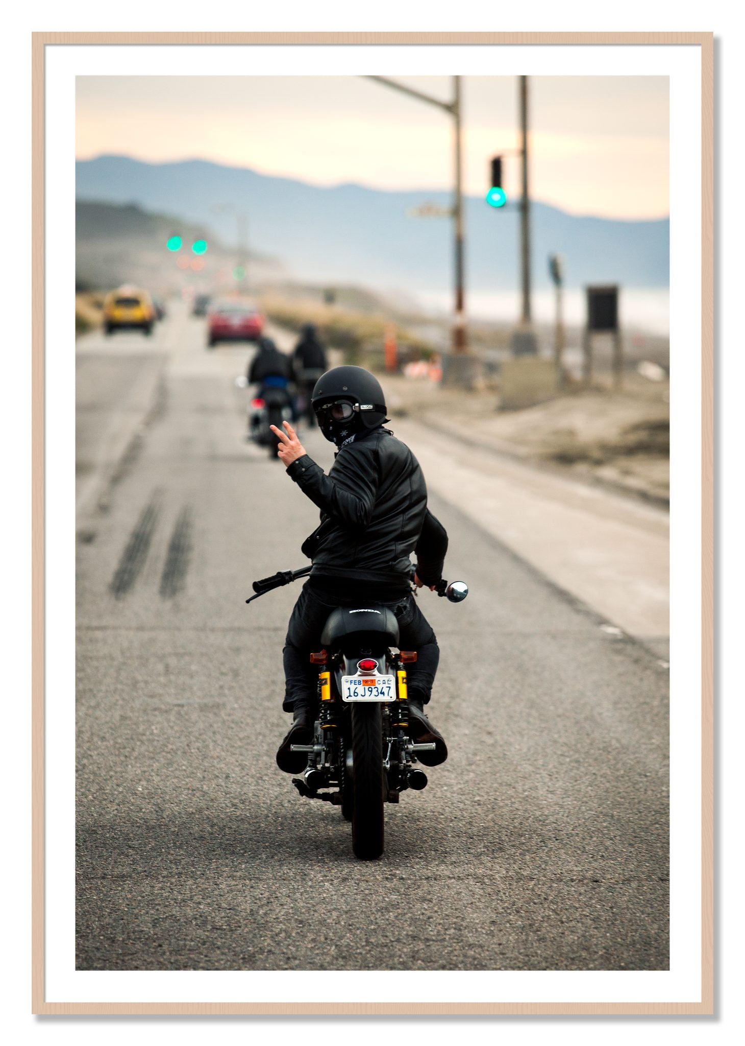 Framed photograph of Great Highway Riding by Dylan Ozanich, Maple frame, Borders
