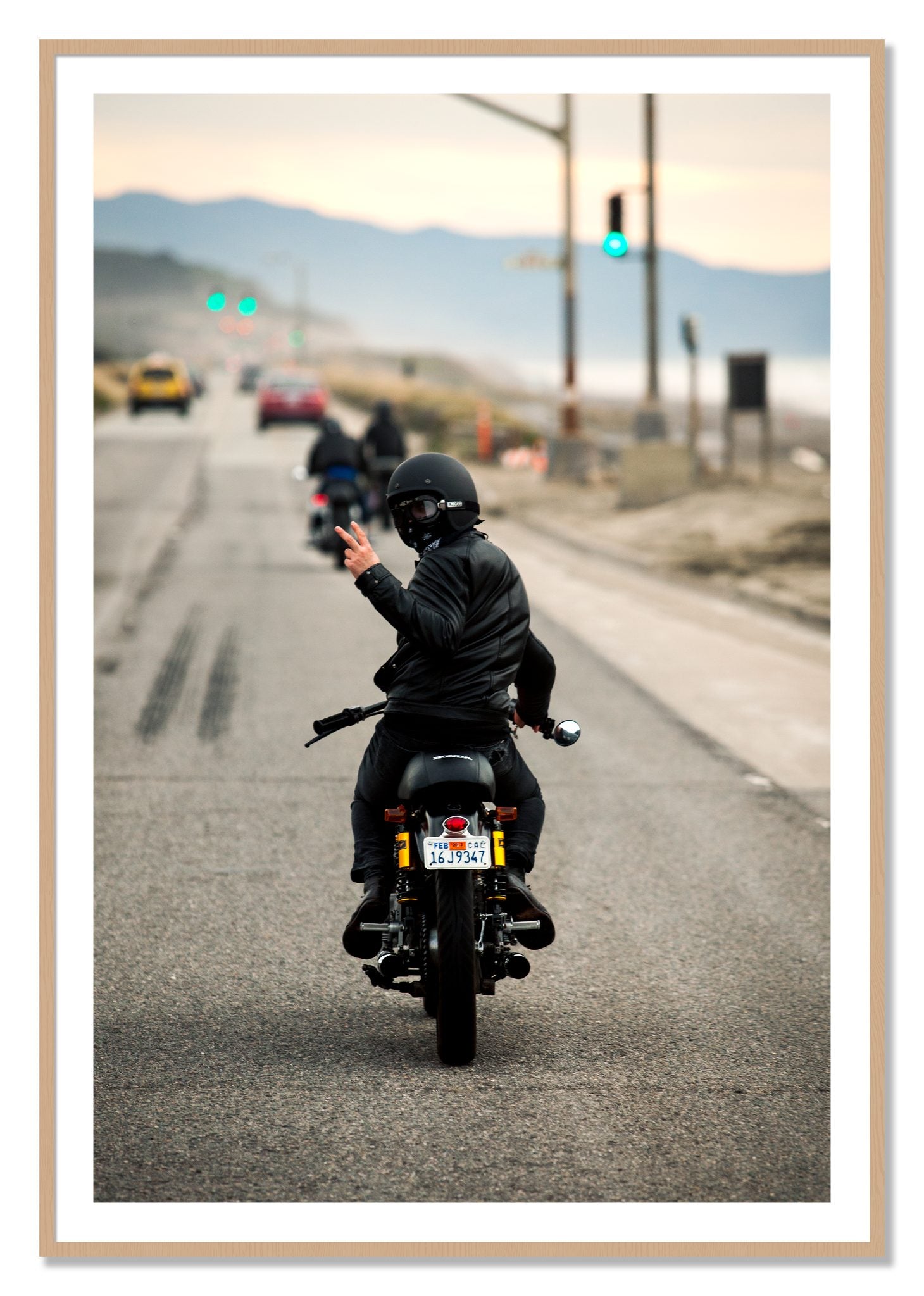 Framed photograph of Great Highway Riding by Dylan Ozanich, Oak frame, Borders