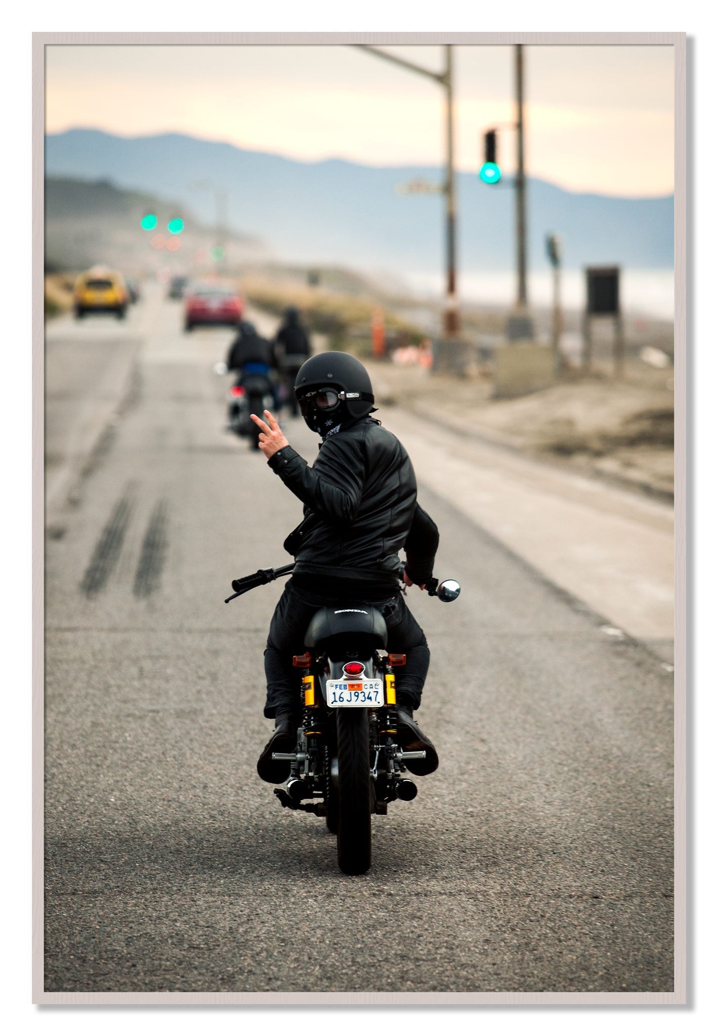 Framed photograph of Great Highway Riding by Dylan Ozanich, White Maple frame, Full Bleed