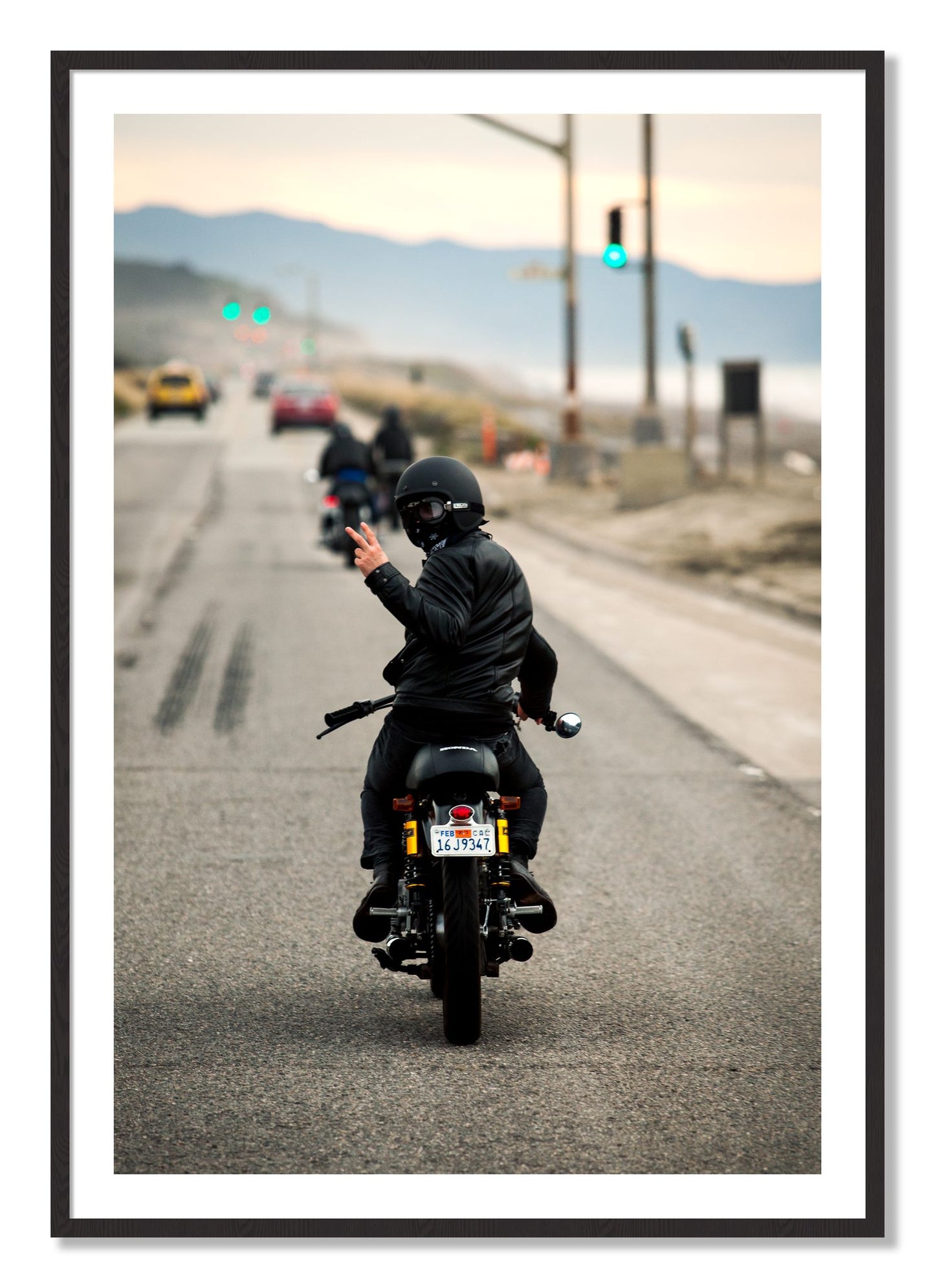Framed photograph of Great Highway Riding by Dylan Ozanich, Black Walnut frame, Borders