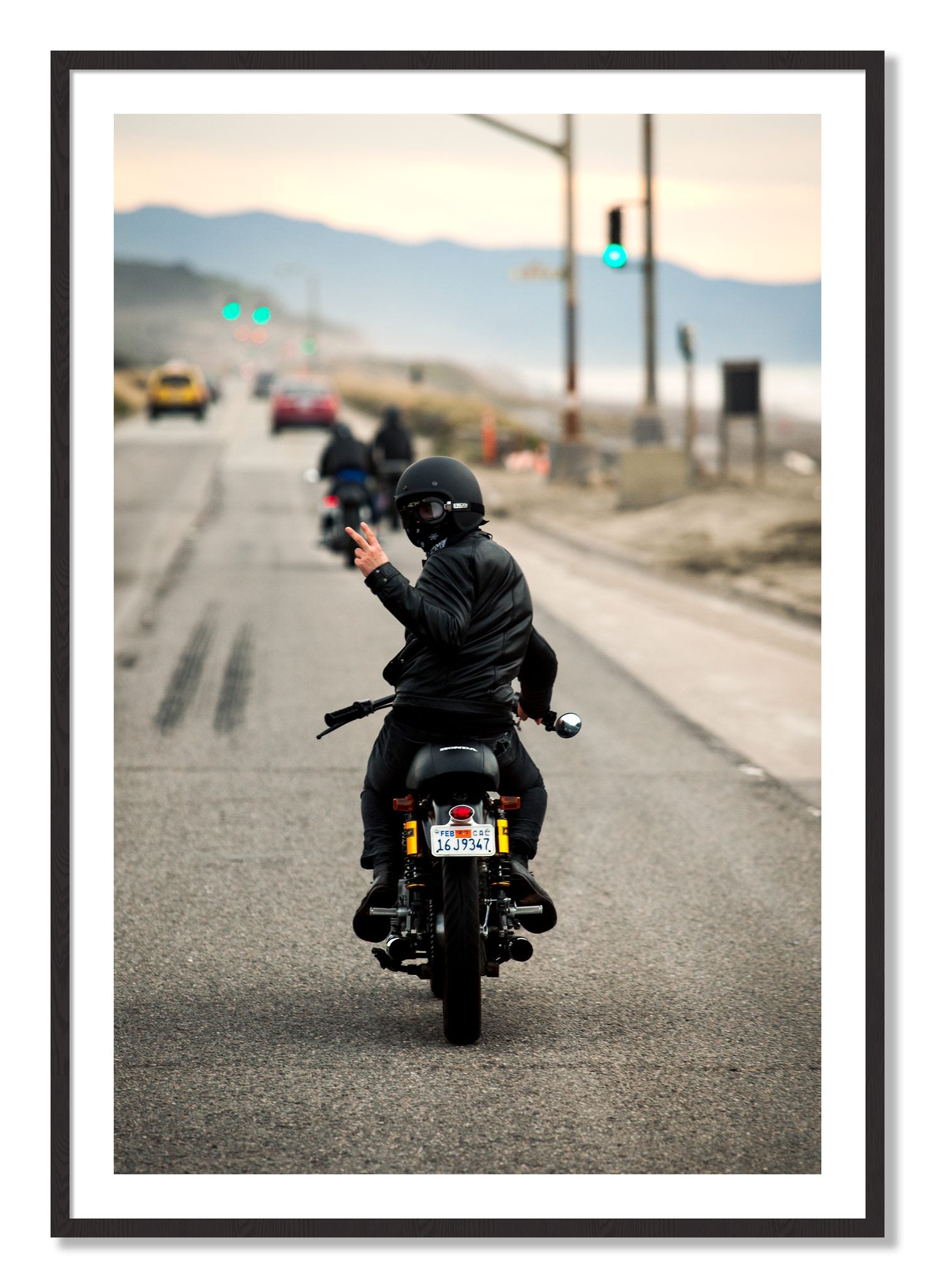 Framed photograph of Great Highway Riding by Dylan Ozanich, Black Walnut frame, Borders