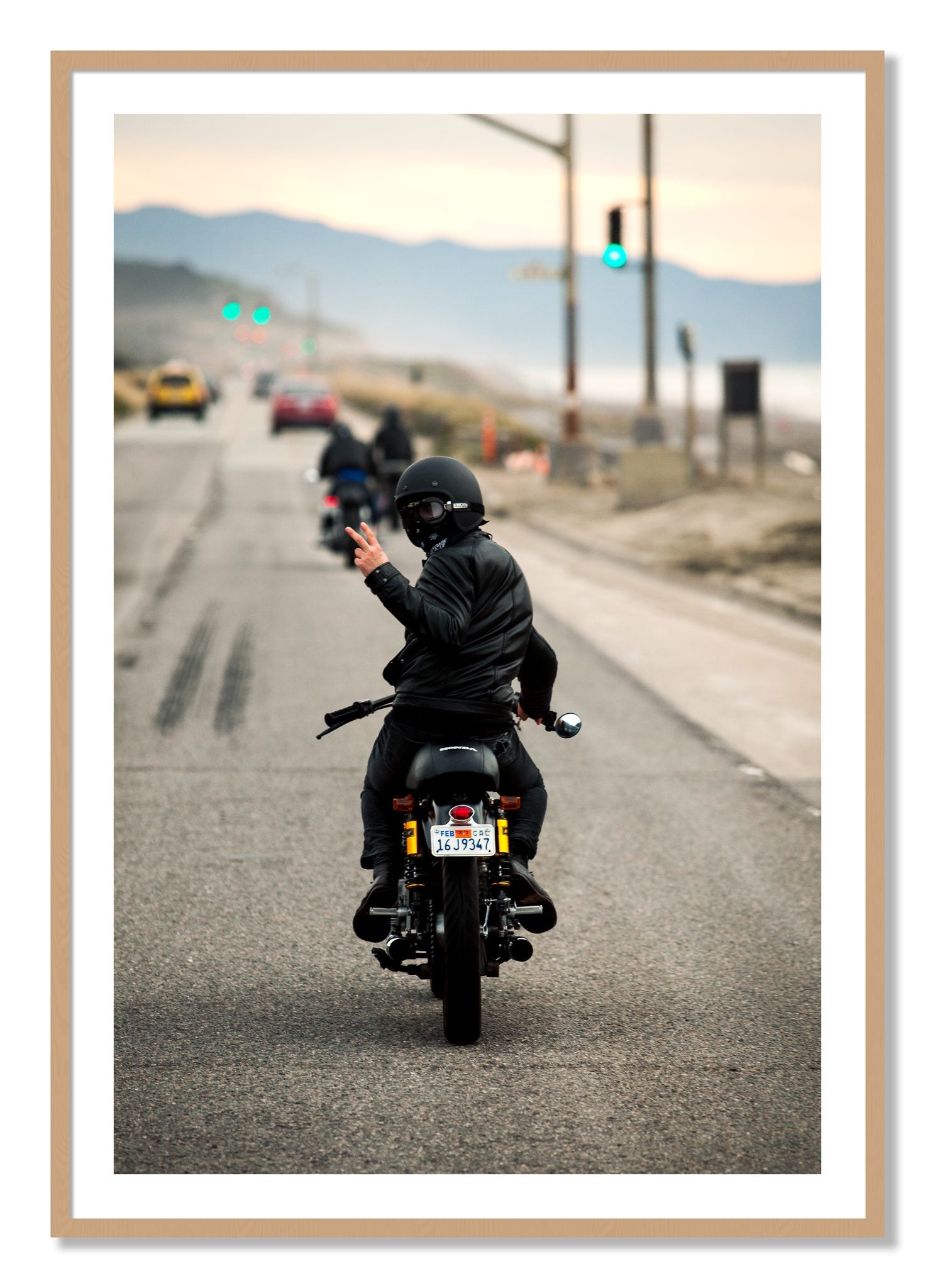 Framed photograph of Great Highway Riding by Dylan Ozanich, Oak frame, Borders