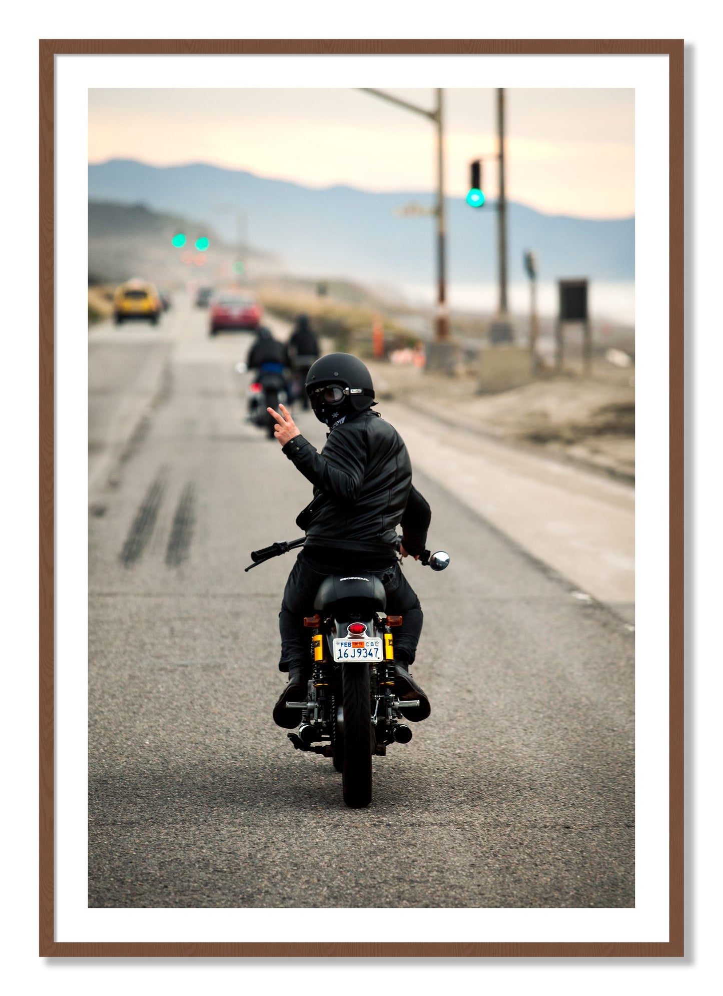 Framed photograph of Great Highway Riding by Dylan Ozanich, Walnut frame, Borders