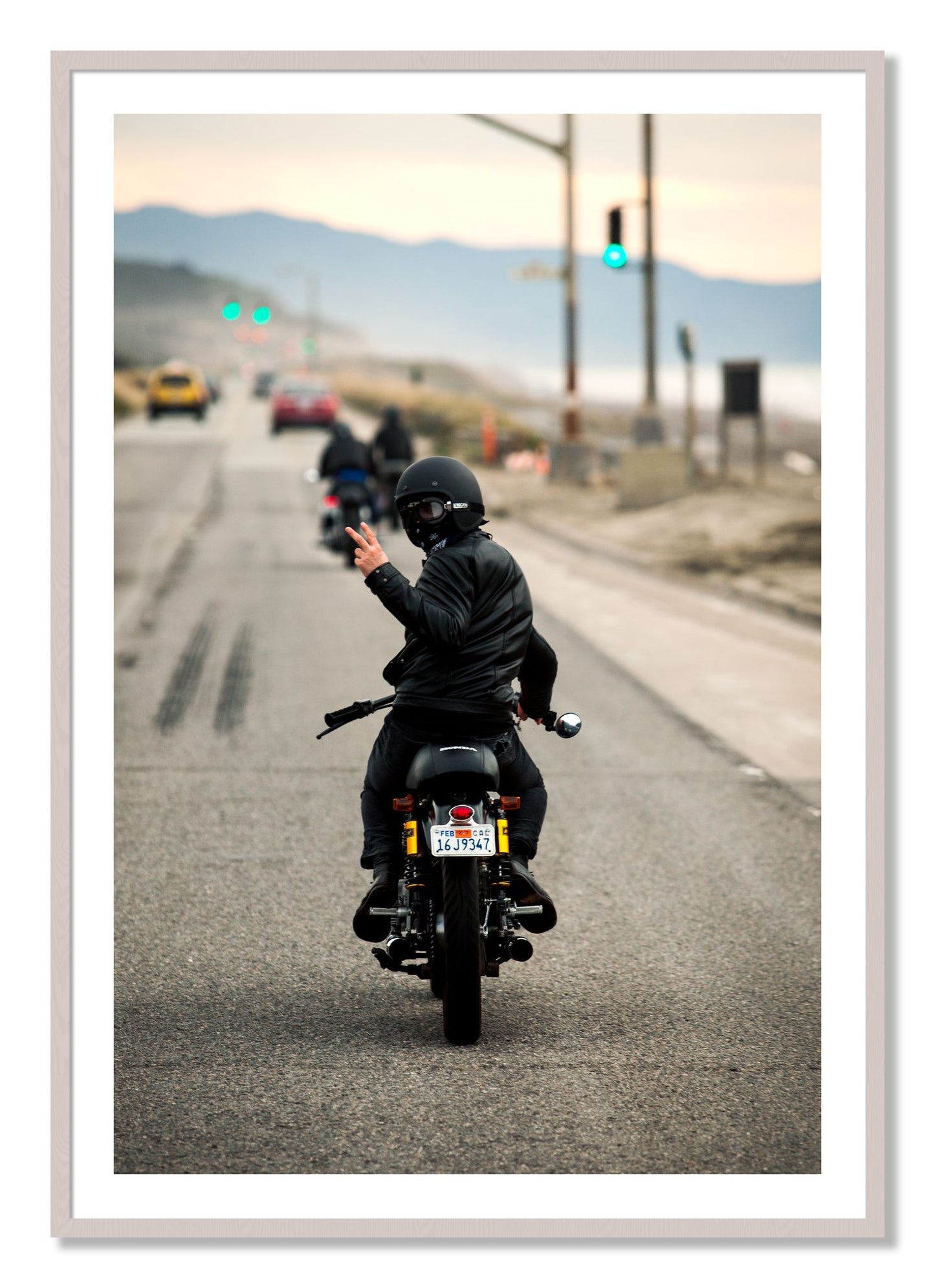 Framed photograph of Great Highway Riding by Dylan Ozanich, White Maple frame, Borders