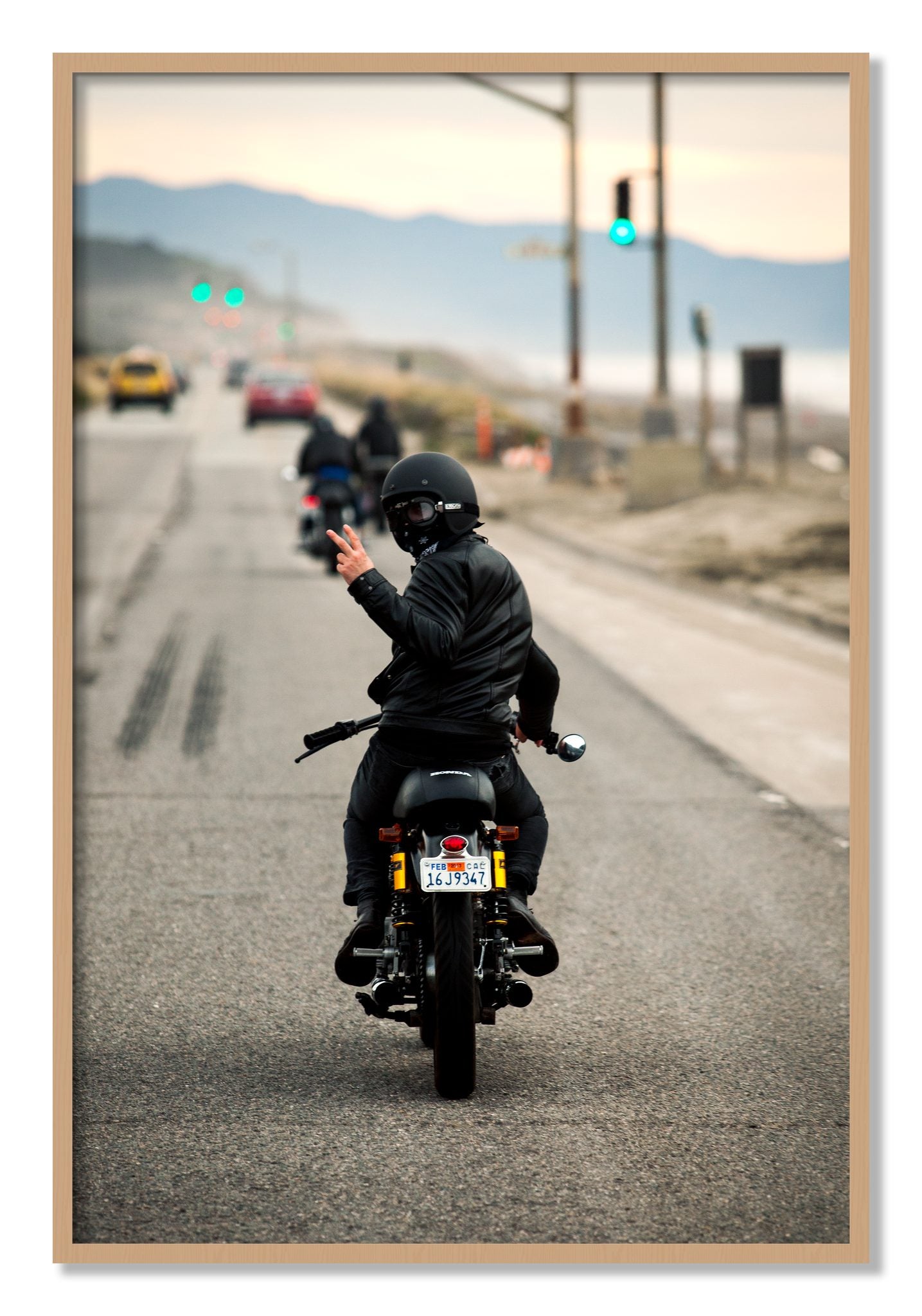 Framed photograph of Great Highway Riding by Dylan Ozanich, Oak frame, Full Bleed