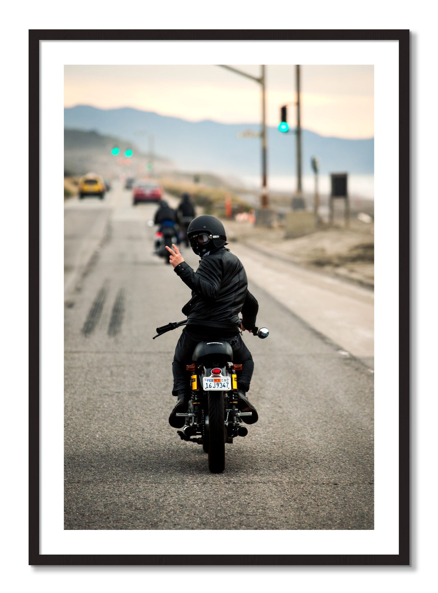 Framed photograph of Great Highway Riding by Dylan Ozanich, Black Walnut frame, Borders