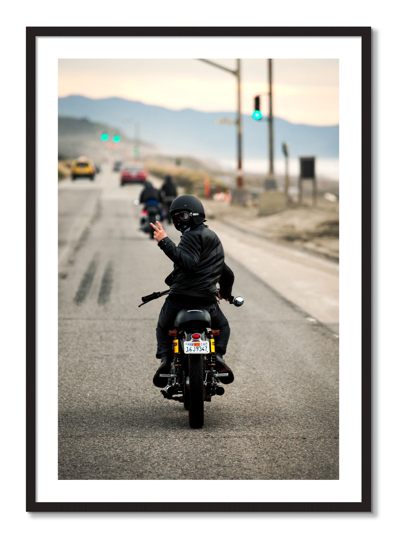 Framed photograph of Great Highway Riding by Dylan Ozanich, Black Walnut frame, Borders