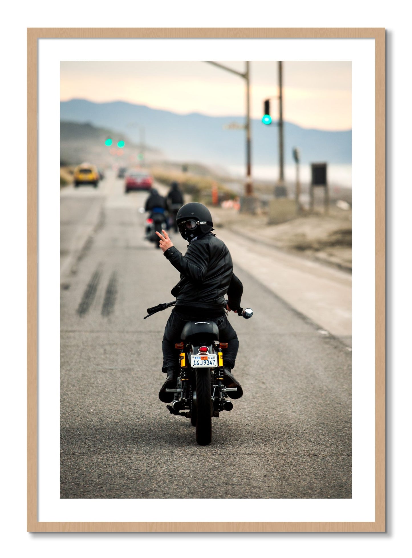 Framed photograph of Great Highway Riding by Dylan Ozanich, Oak frame, Borders