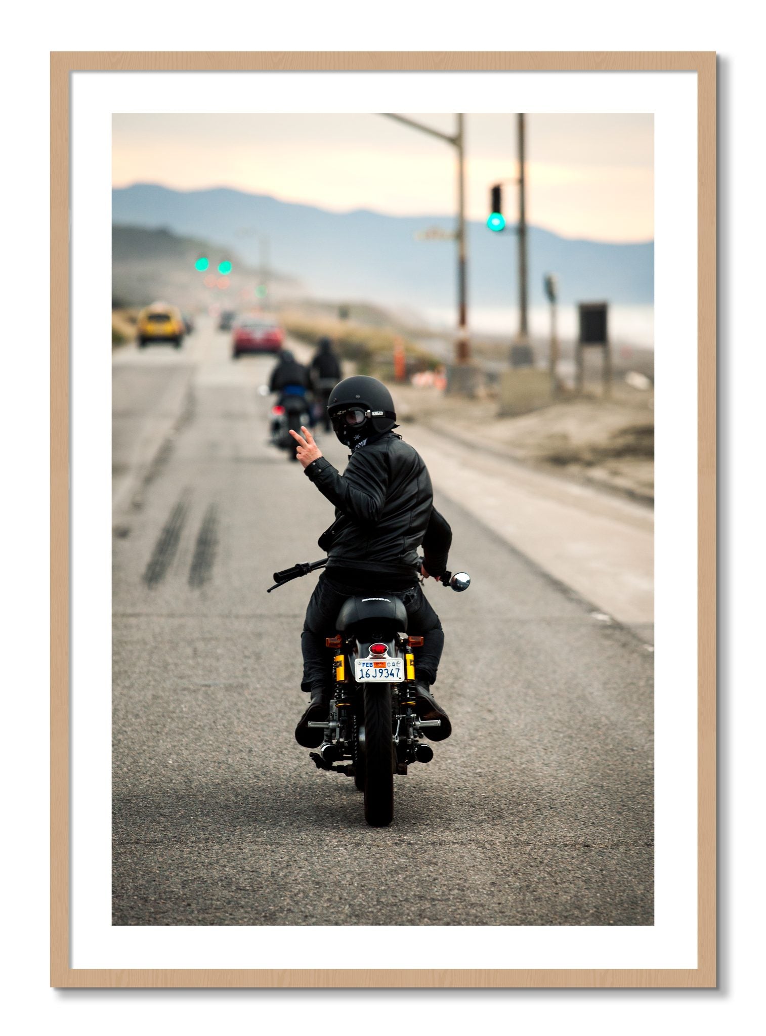 Framed photograph of Great Highway Riding by Dylan Ozanich, Oak frame, Borders