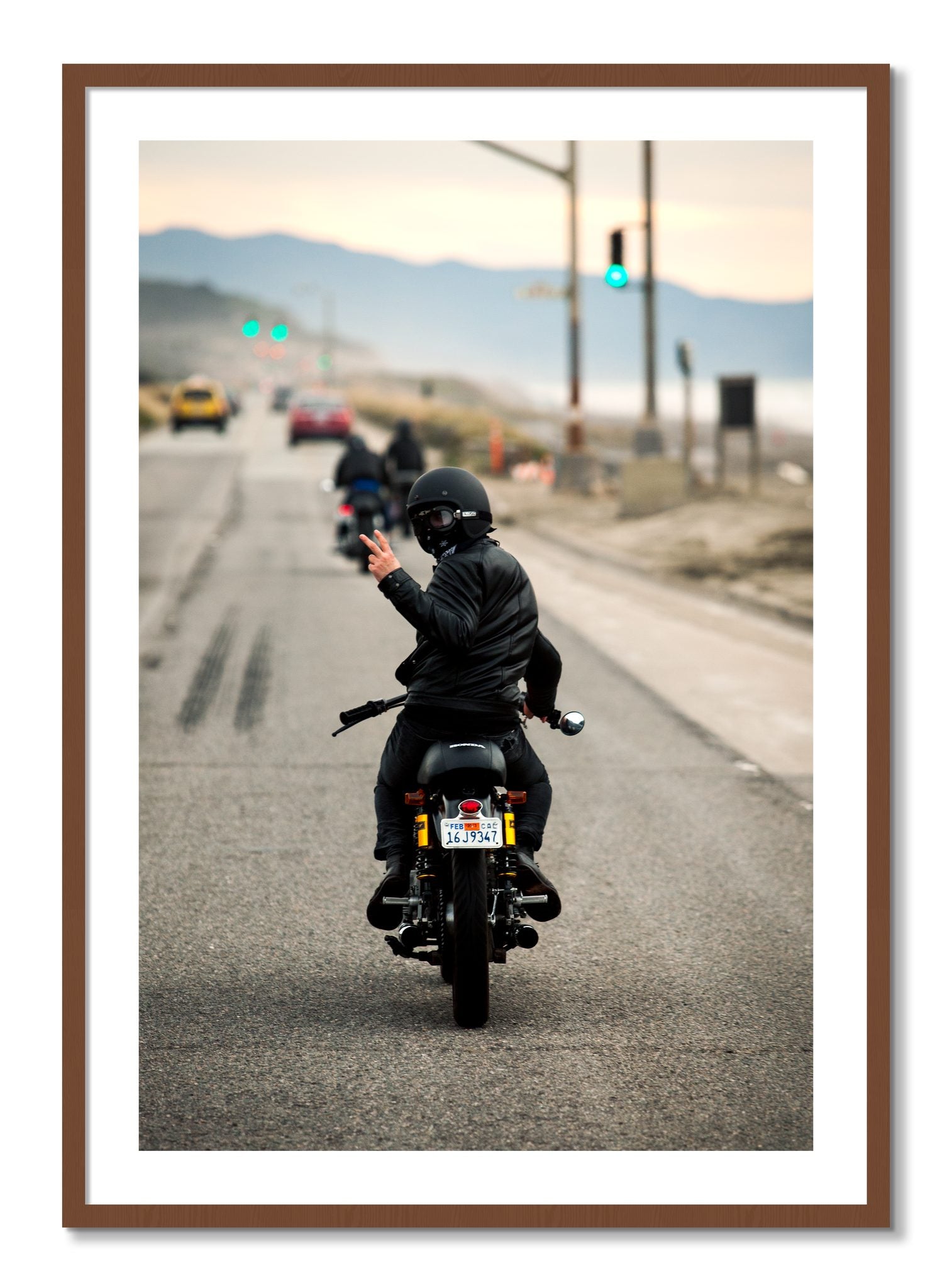 Framed photograph of Great Highway Riding by Dylan Ozanich, Walnut frame, Borders