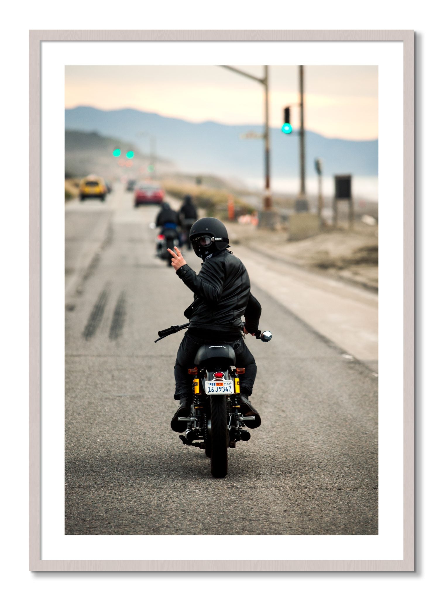 Framed photograph of Great Highway Riding by Dylan Ozanich, White Maple frame, Borders