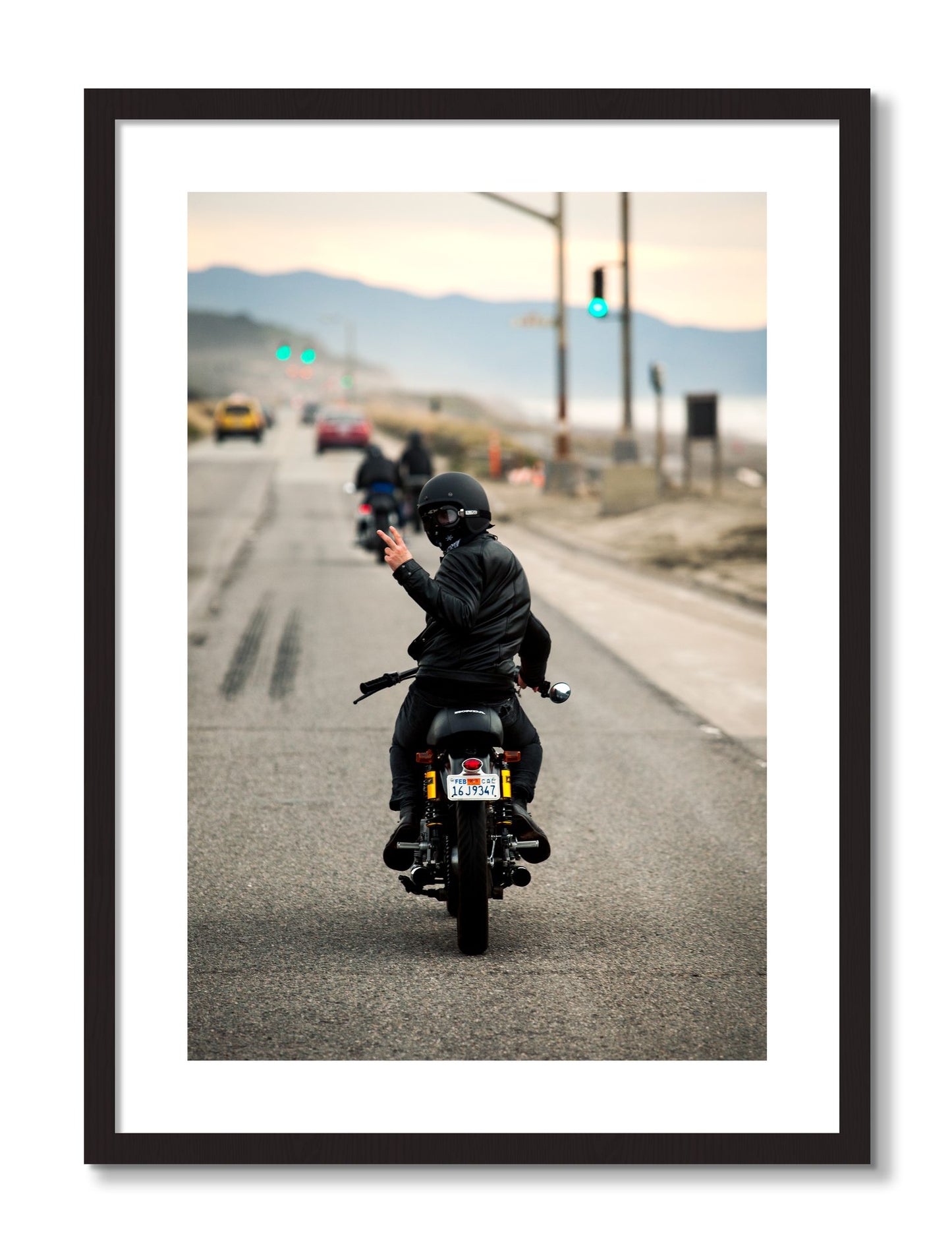 Framed photograph of Great Highway Riding by Dylan Ozanich, Black Walnut frame, Borders
