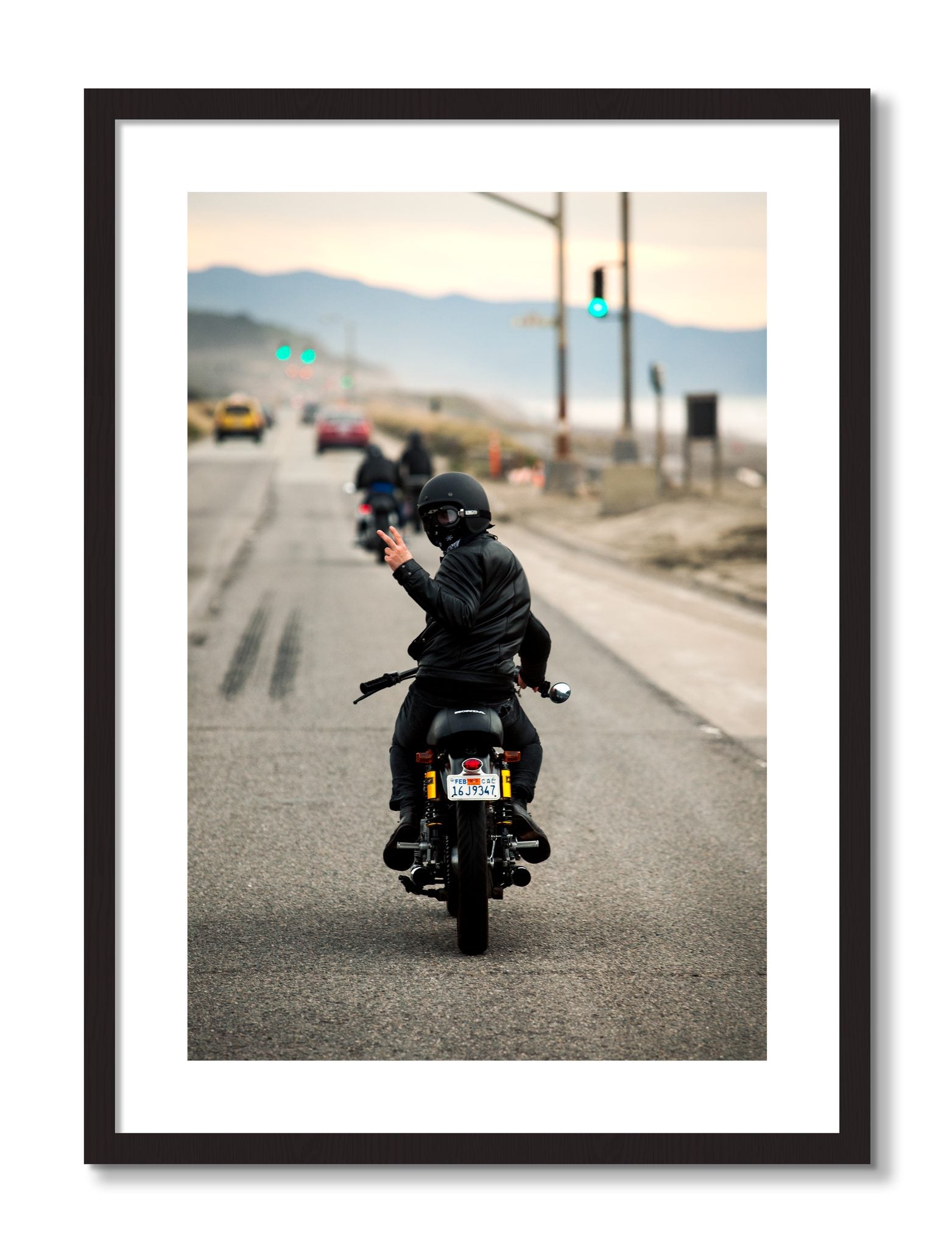 Framed photograph of Great Highway Riding by Dylan Ozanich, Black Walnut frame, Borders
