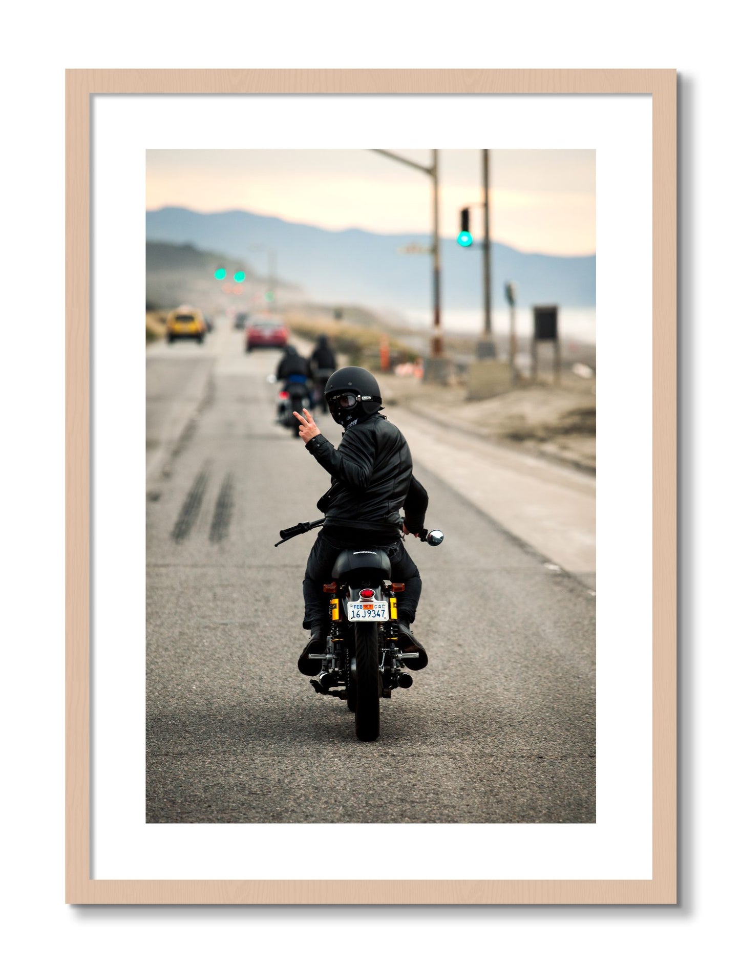 Framed photograph of Great Highway Riding by Dylan Ozanich, Maple frame, Borders