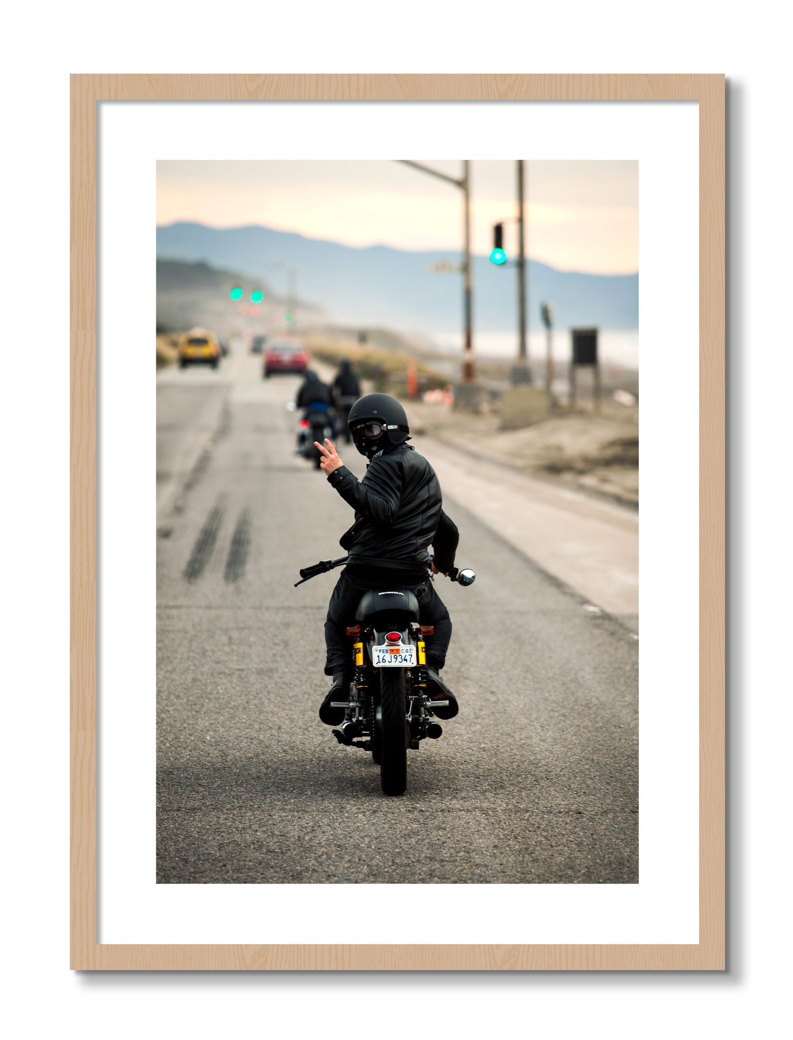 Framed photograph of Great Highway Riding by Dylan Ozanich, Oak frame, Borders