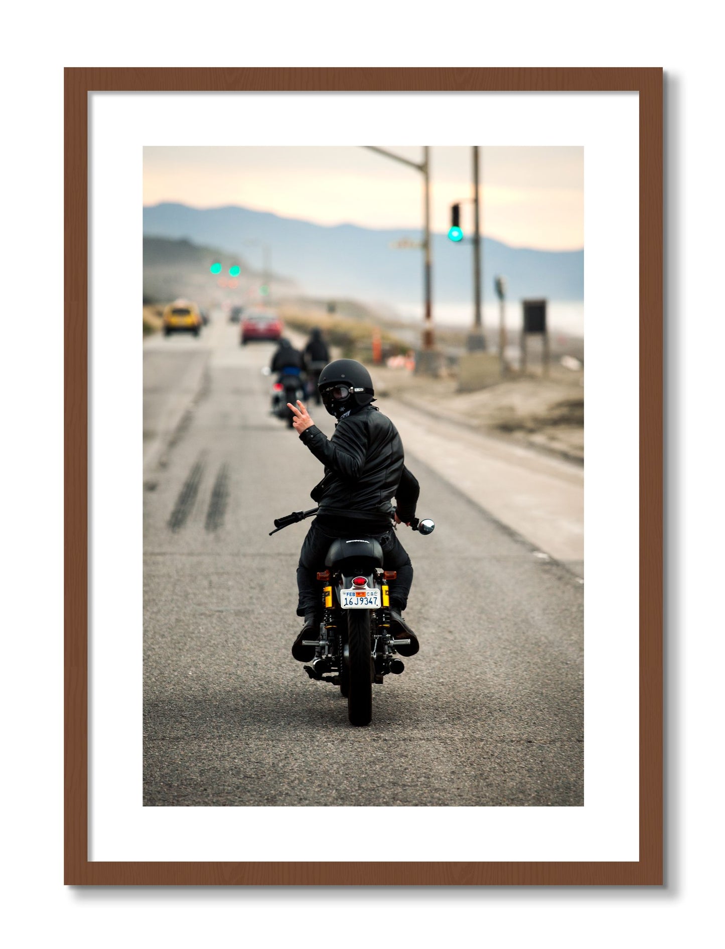 Framed photograph of Great Highway Riding by Dylan Ozanich, Walnut frame, Borders