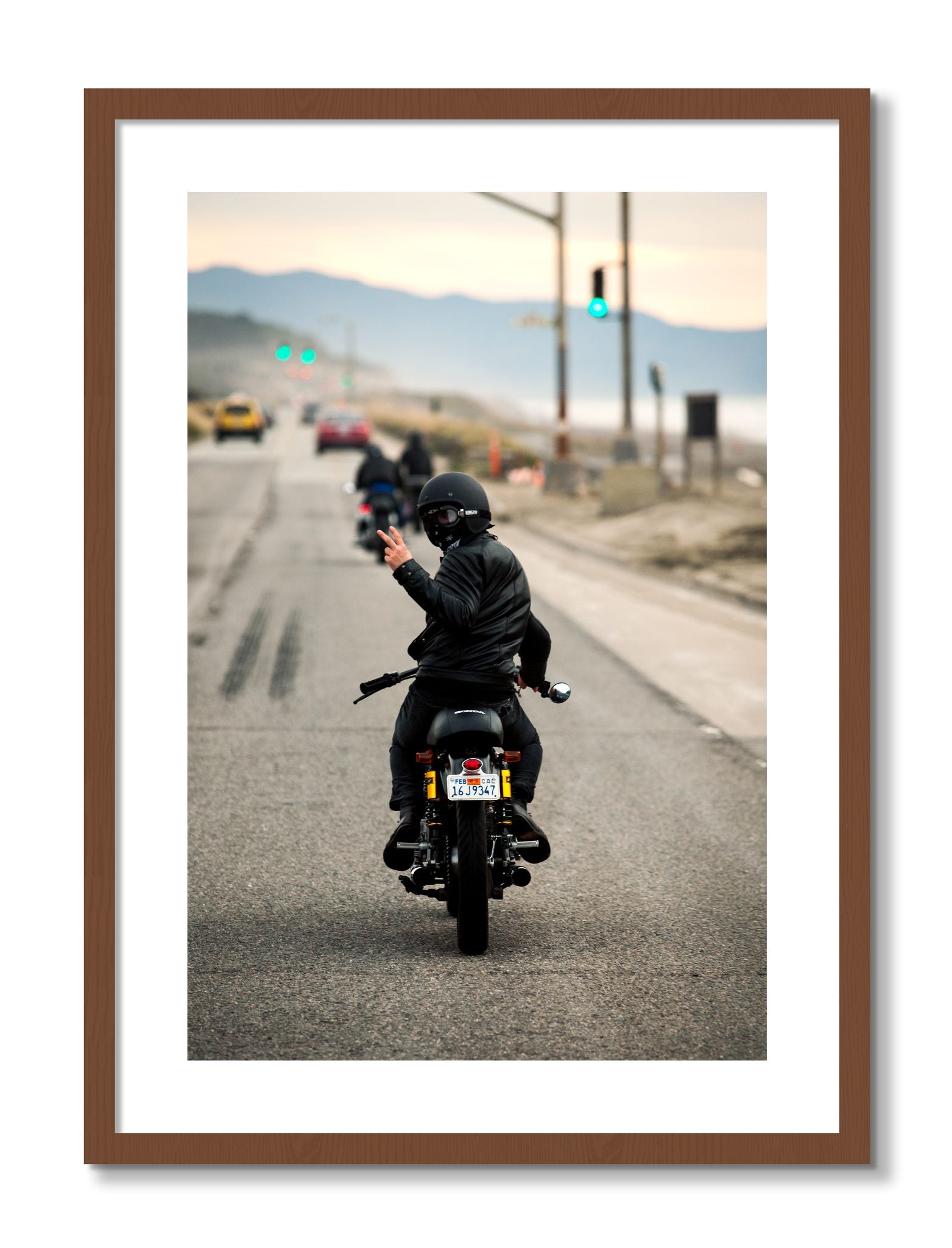 Framed photograph of Great Highway Riding by Dylan Ozanich, Walnut frame, Borders